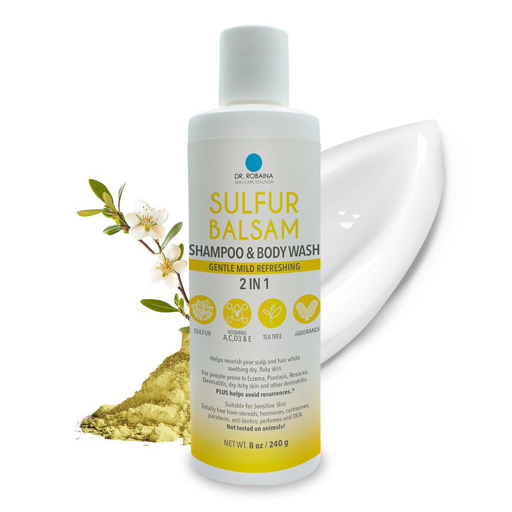 Dr Robaina bouteille shampoo soufre purifie cuir chevelu et pellicules.