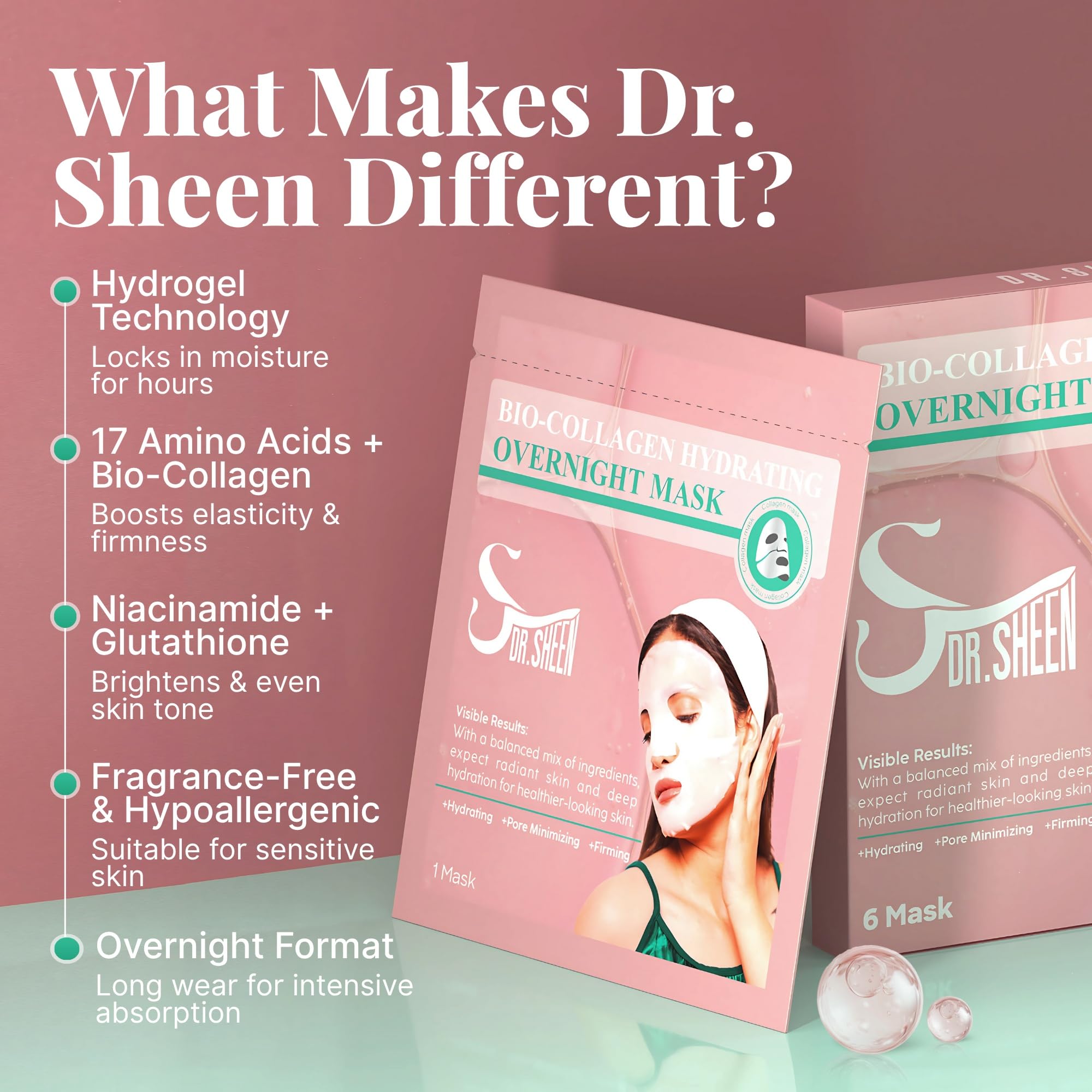 Dr. Sheen Masque Bio Collagène, soin nocturne potentiel pour élasticité.