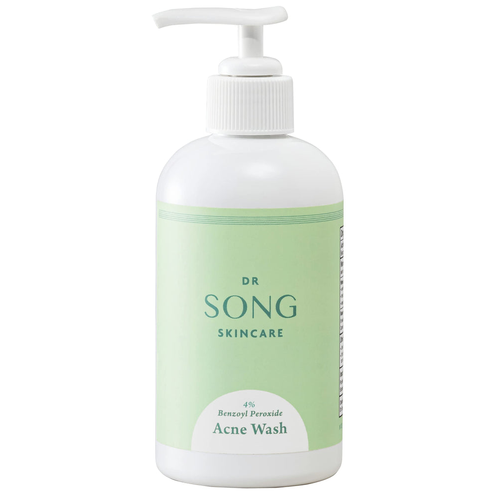 Dr Song Benzoyl Peroxide Wash 4% bottle cleanses acne-prone skin with hyaluronic acid.