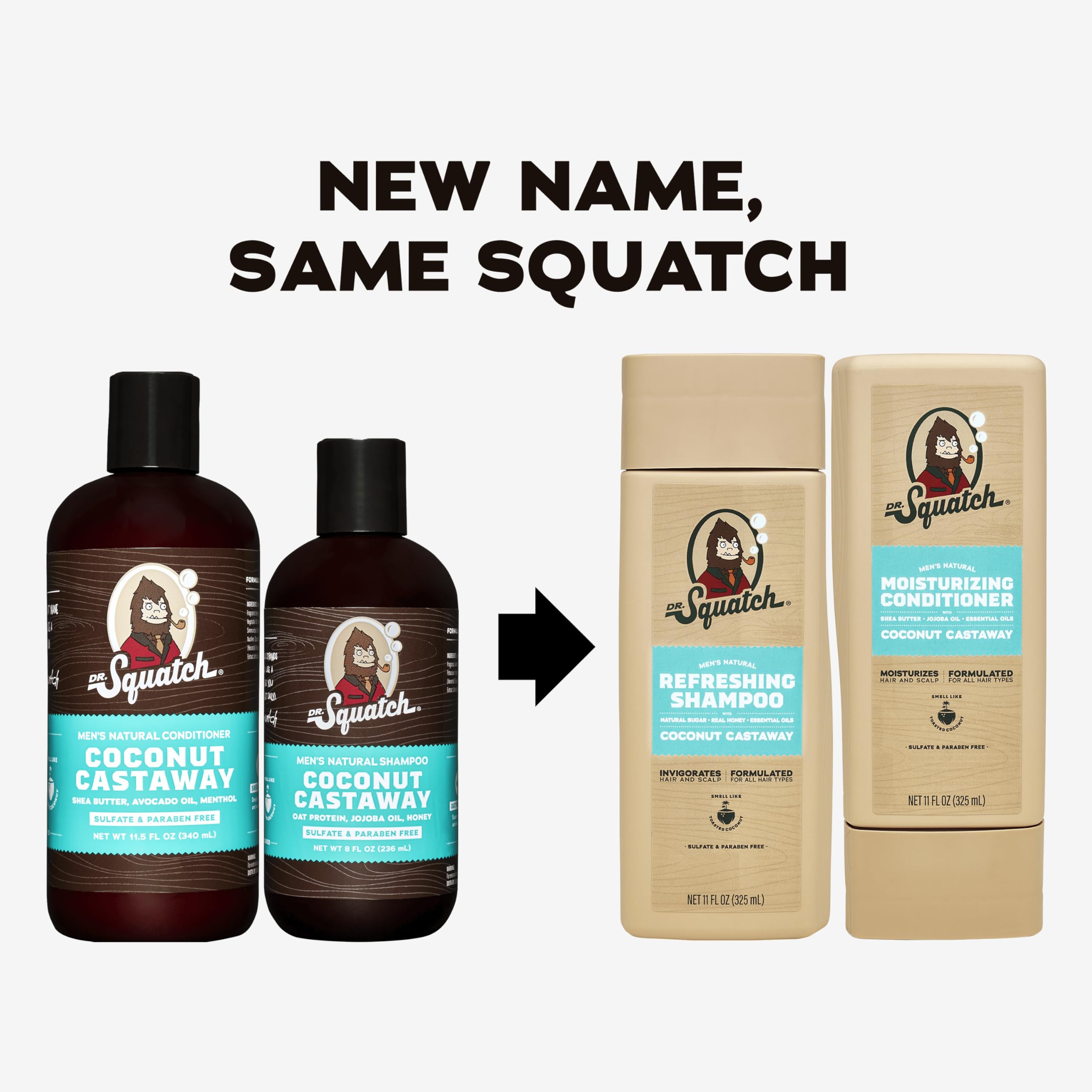 Dr. Squatch Après-Shampoing Coconut Castaway en flacon, démêlage facilité.