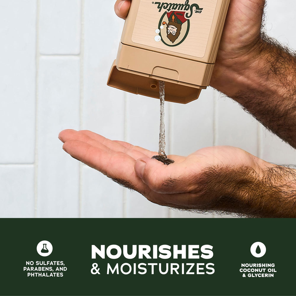 Dr Squatch bouteille gel douche Pine Tar Coconut Castaway, senteur masculine durable.