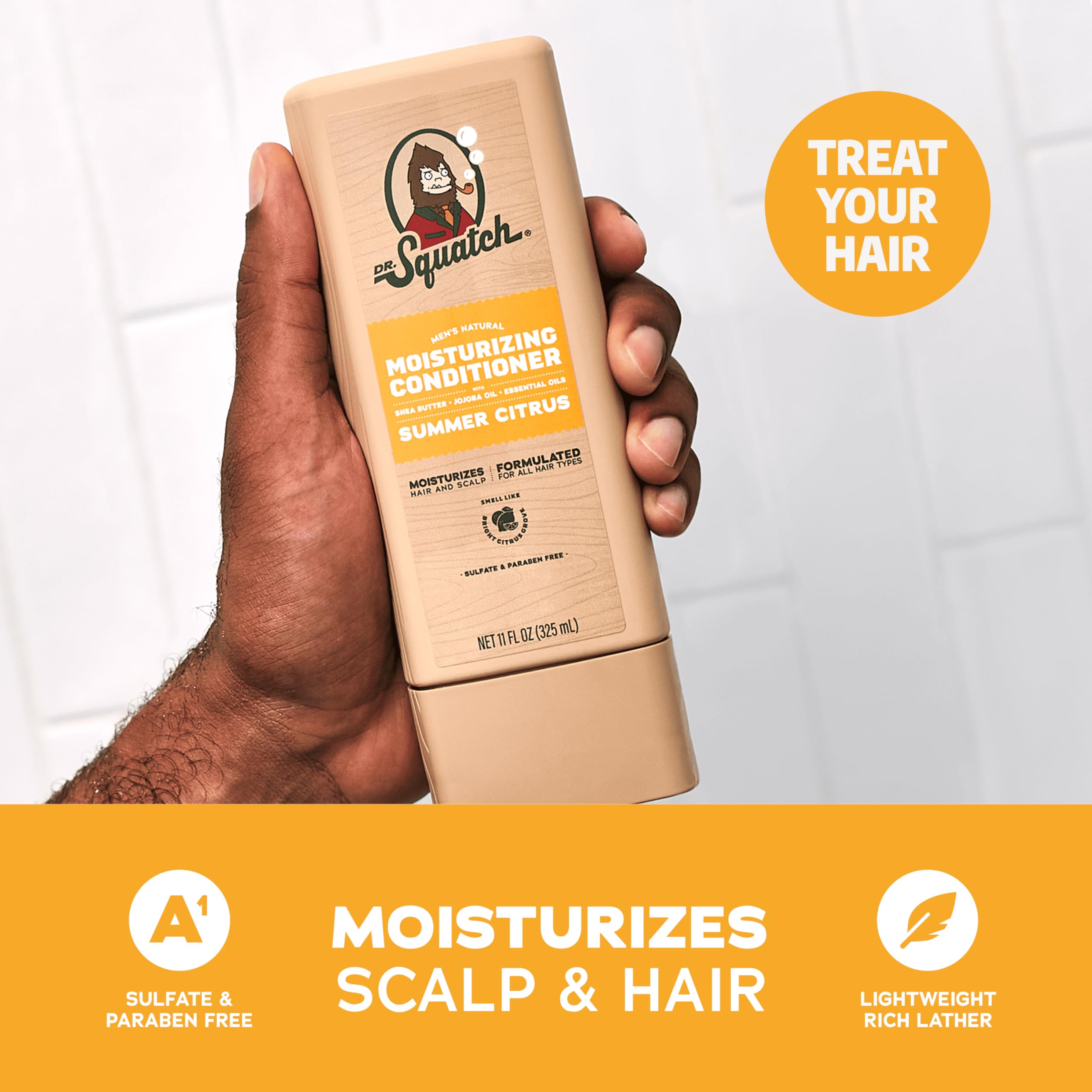 Dr. Squatch Après-shampoing Summer Citrus – flacon et parfum naturel pour cheveux doux.