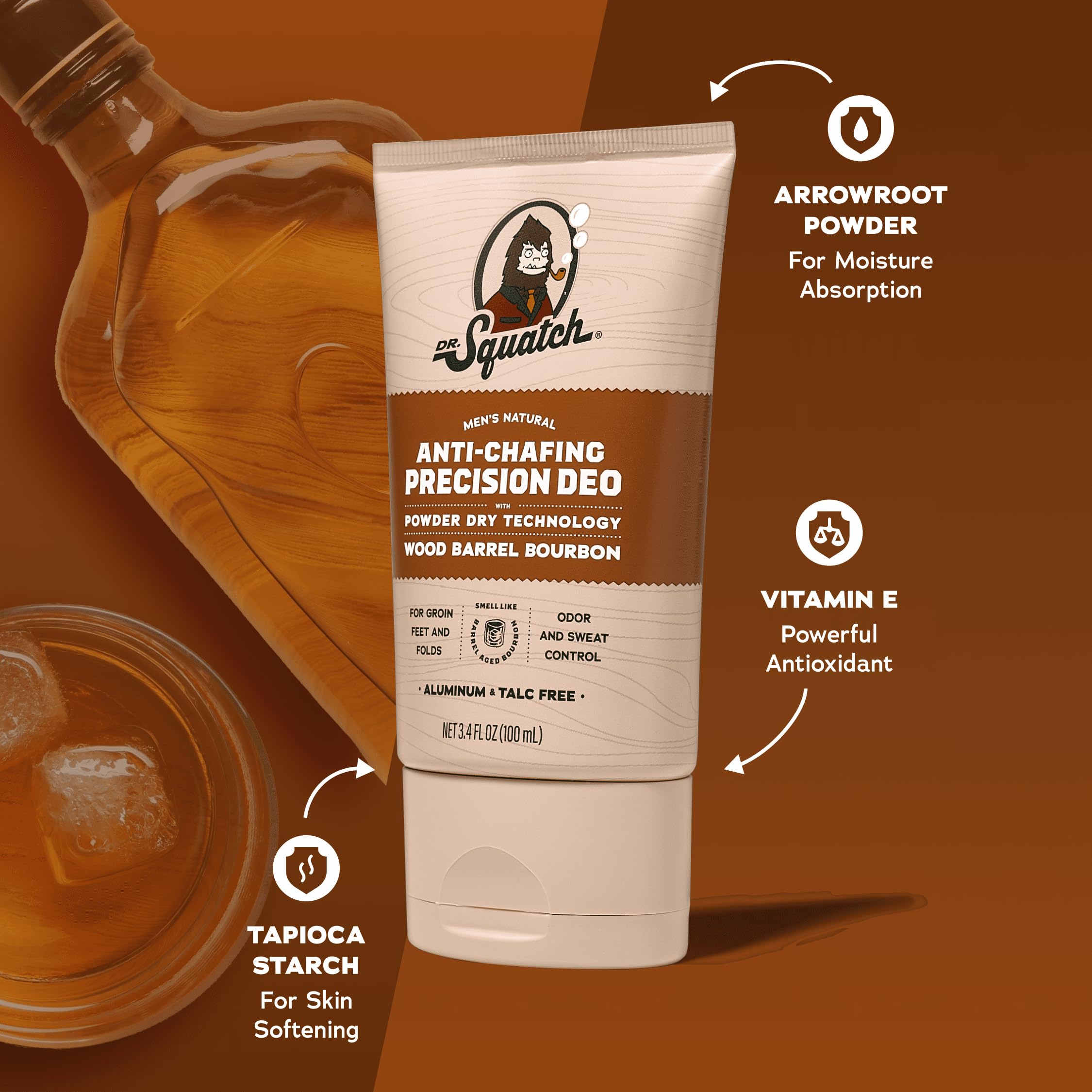 Dr. Squatch déodorant, texture poudrée, absorption rapide.
