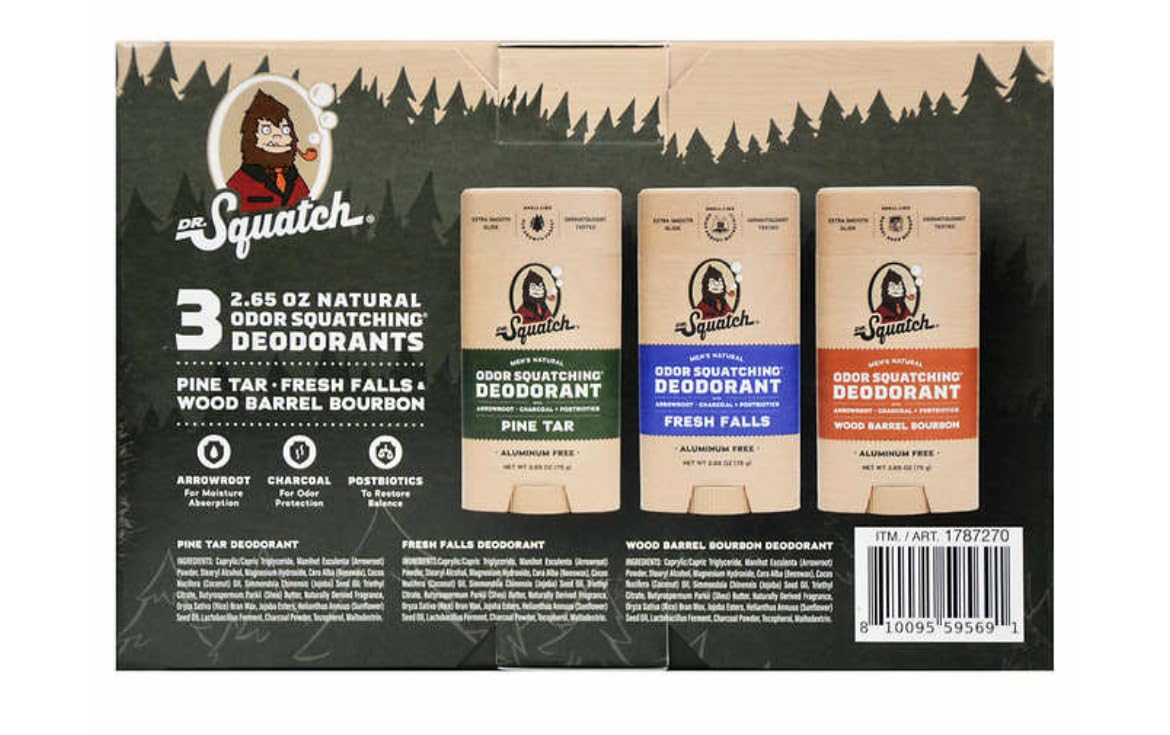 Dr. Squatch déodorant pour hommes, pack 3x75 g, arôme épicé bourbon chêne.