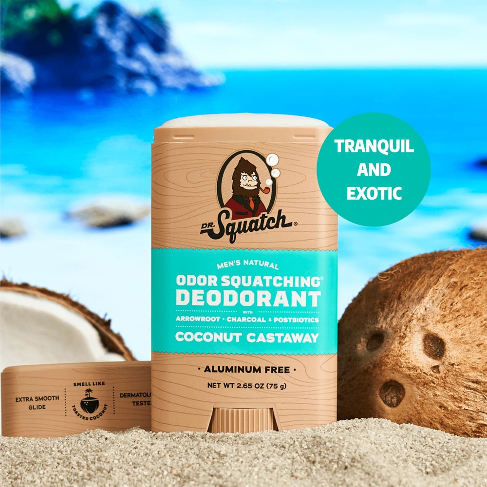 Dr. Squatch sans aluminium, ingrédients naturels, parfum Coco Castaway.