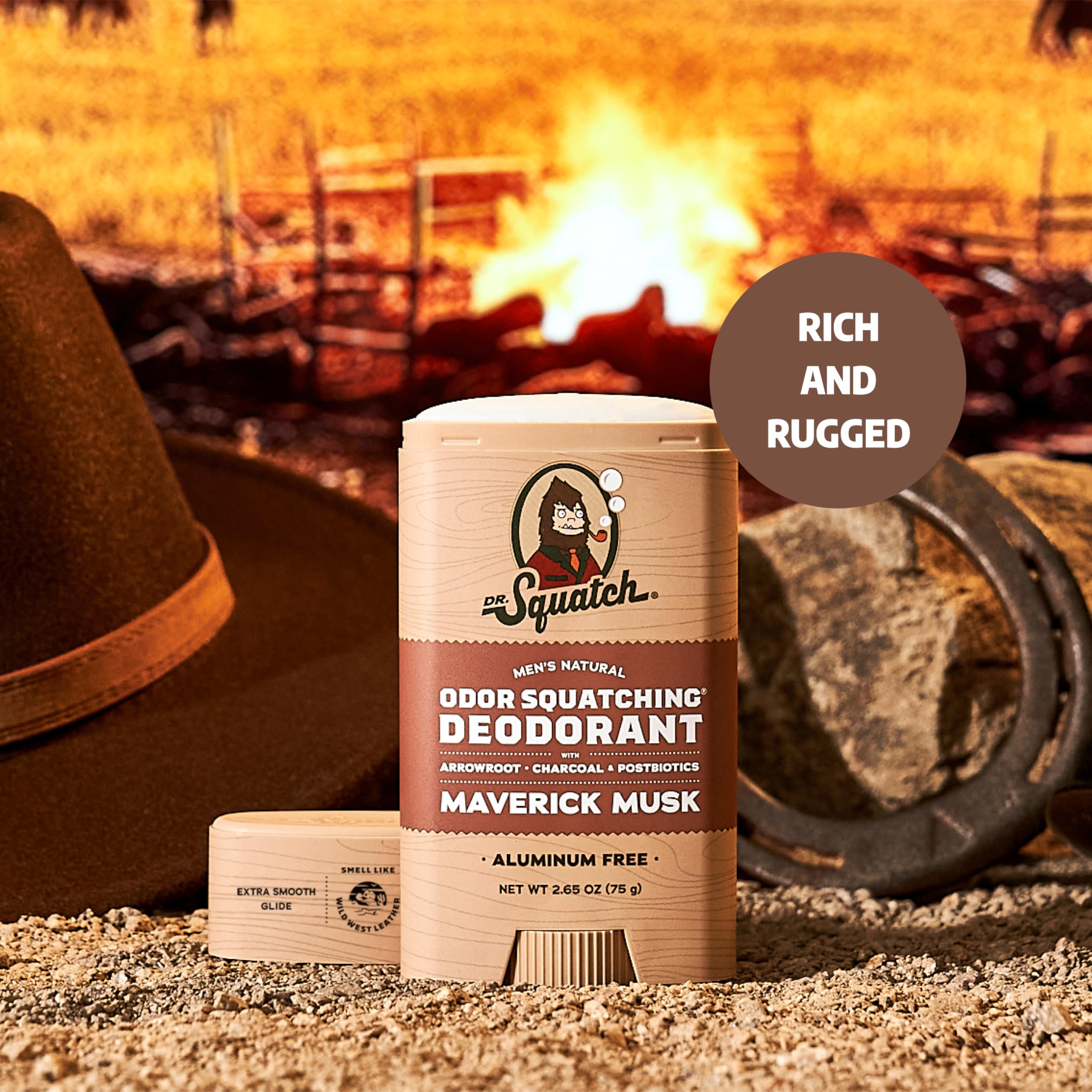 Dr. Squatch déodorant sans aluminium, charbon et postbiotiques pour une fraîcheur durable.