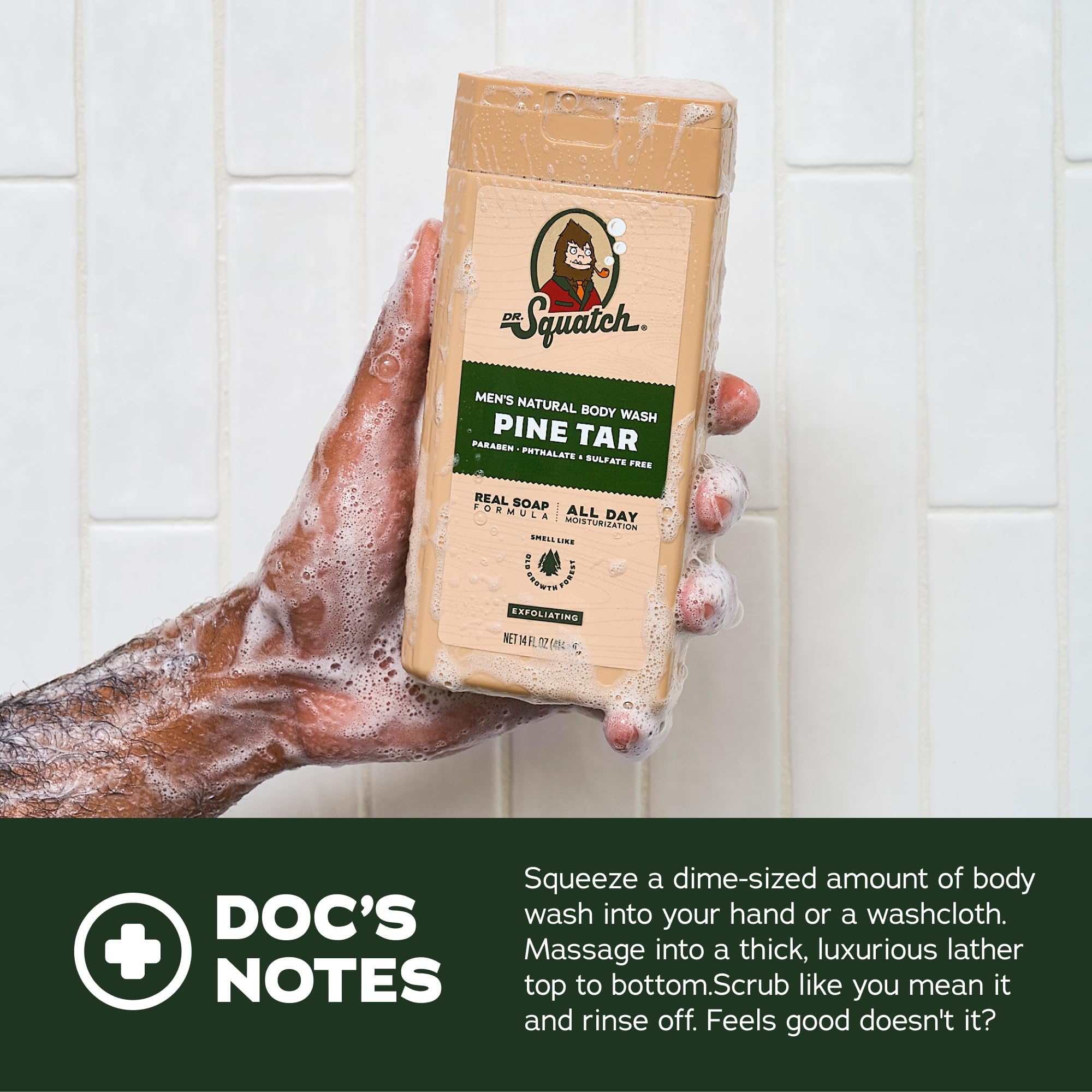 Dr Squatch étiquette naturelle – présentation simple et respectueuse de la peau.