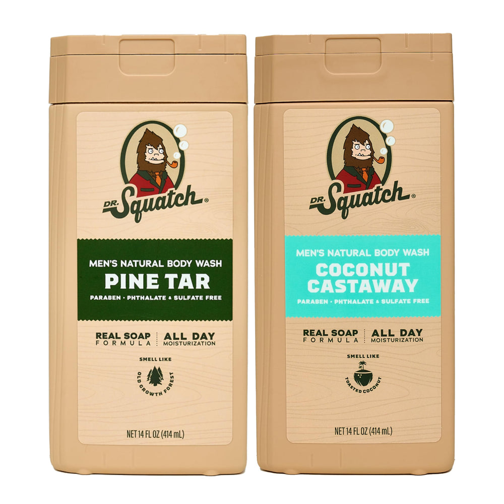 Dr Squatch gel douche Pine Tar Coconut Castaway pack 2 offre douche fraîche et hydratante.