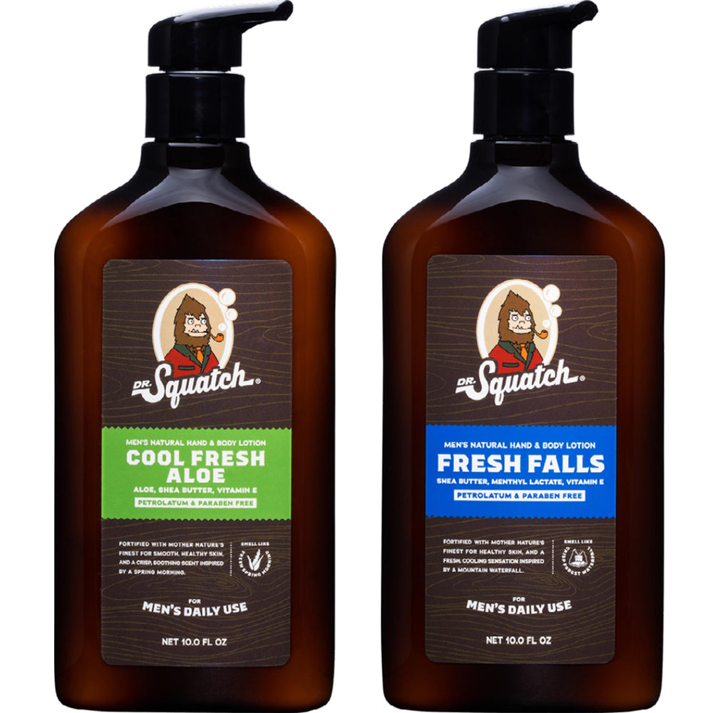Lotion Dr. Squatch pour mains et corps, bouteille 10oz, hydratation durable.