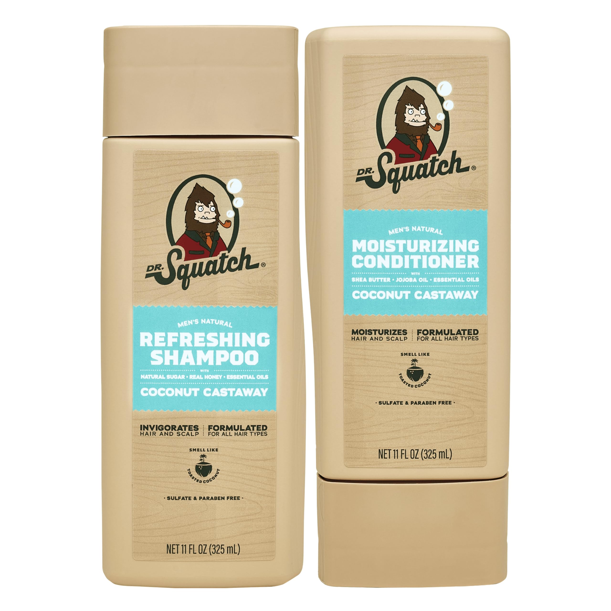 Dr. Squatch Shampoing Coconut Castaway en flacon pour cheveux propres et parfumés.