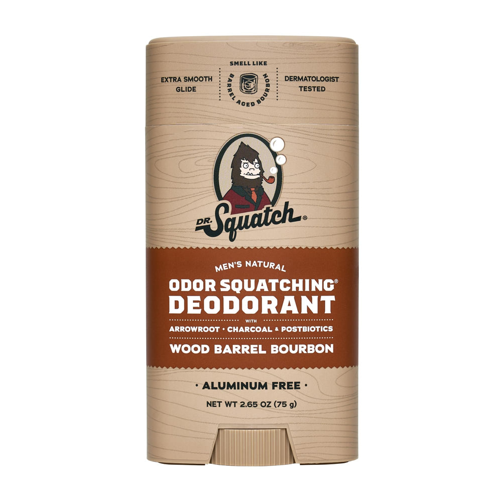 Dr. Squatch Wood Barrel Bourbon deodorant stick showing packaging and texture for all-day refreshing.