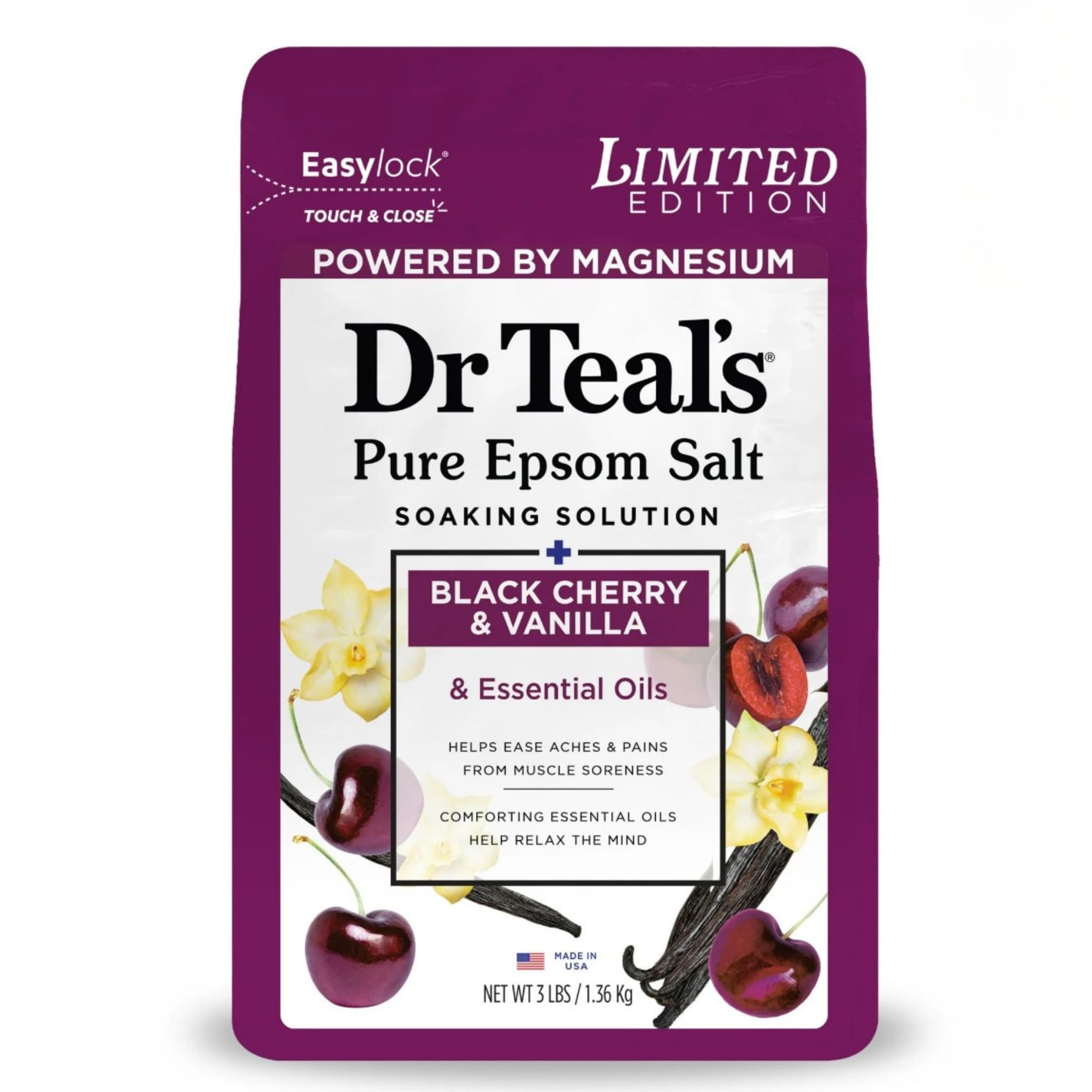 Bain moussant Dr Teal's cerise noire et vanille, parfum apaisant.