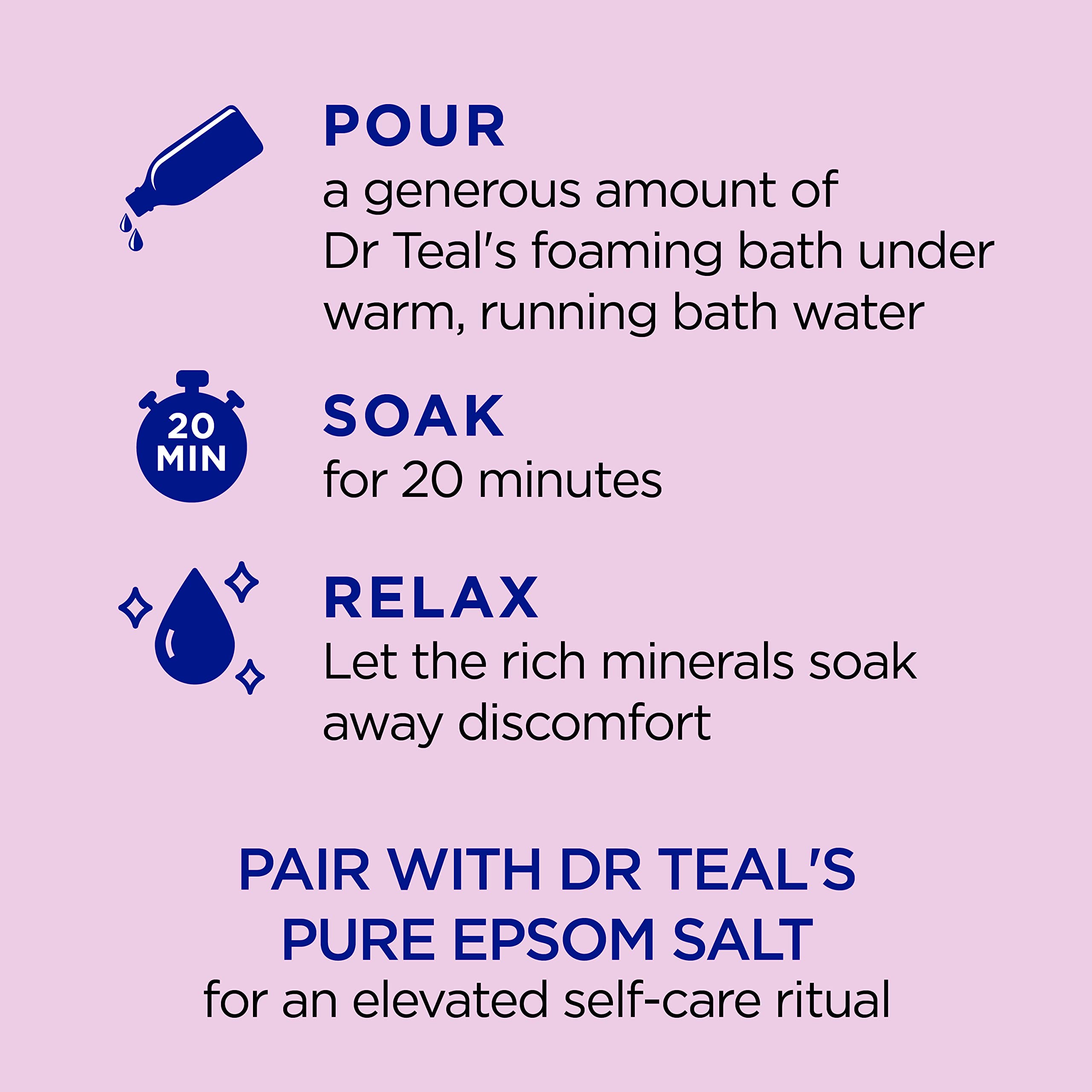 Dr Teal's: huiles essentielles relaxantes enveloppent la peau pendant le bain.