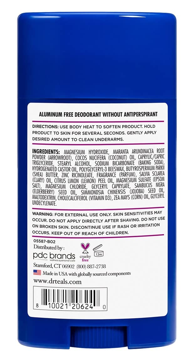 Ingrédients Dr Teal's déodorant sureau et vitamine D2 pour peau sensible.