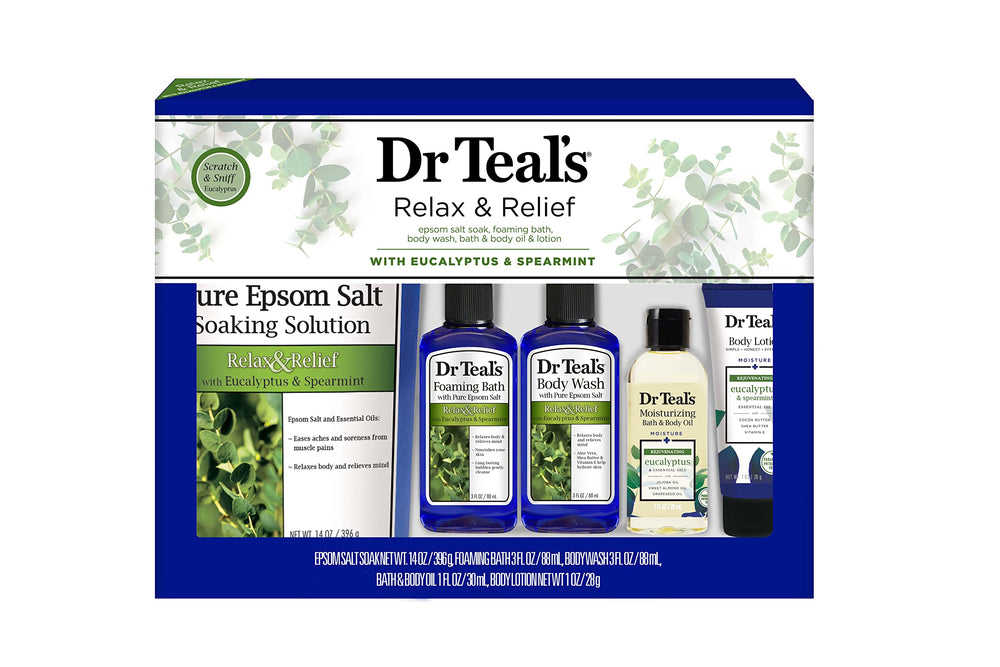Dr Teal's Ensemble Détente Eucalyptus Spearmint pour détente musculaire et soin de la peau.
