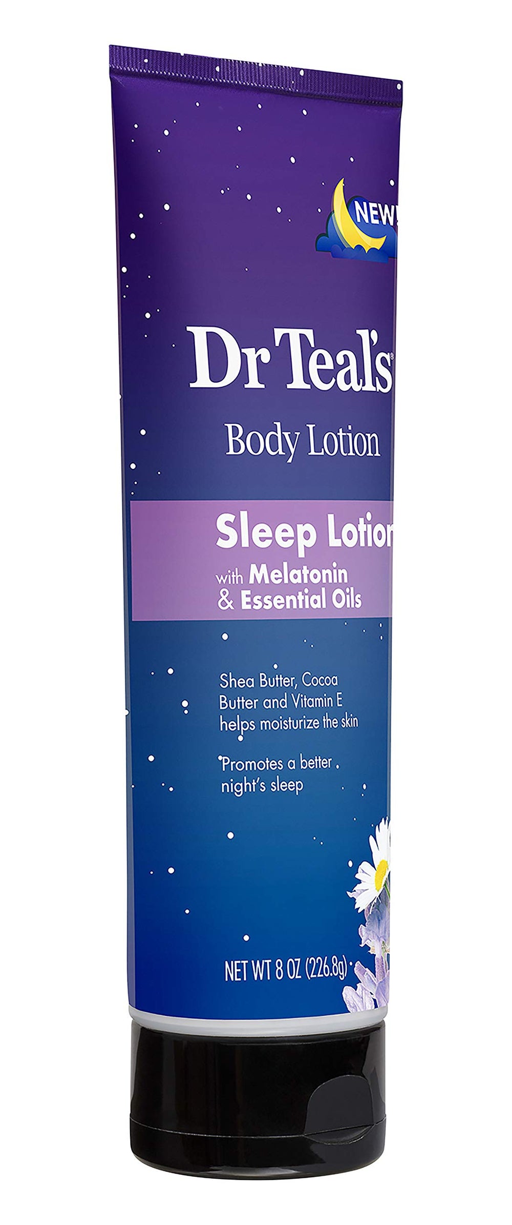 Dr Teal's Lotion Corps Nuit – texture légère et beurre de karité associée au cacao pour peau nourrie.