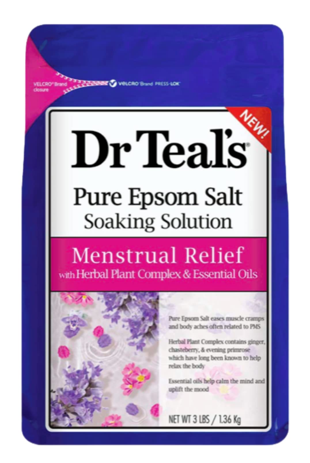 Dr Teal's Relief menstruel : bouteille de sels d Epsom favorisant relaxation musculaire et détente.