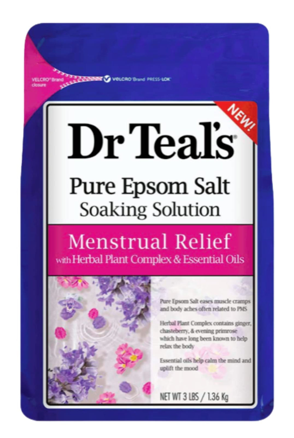 Dr Teal's Relief menstruel : bouteille de sels d Epsom favorisant relaxation musculaire et détente.