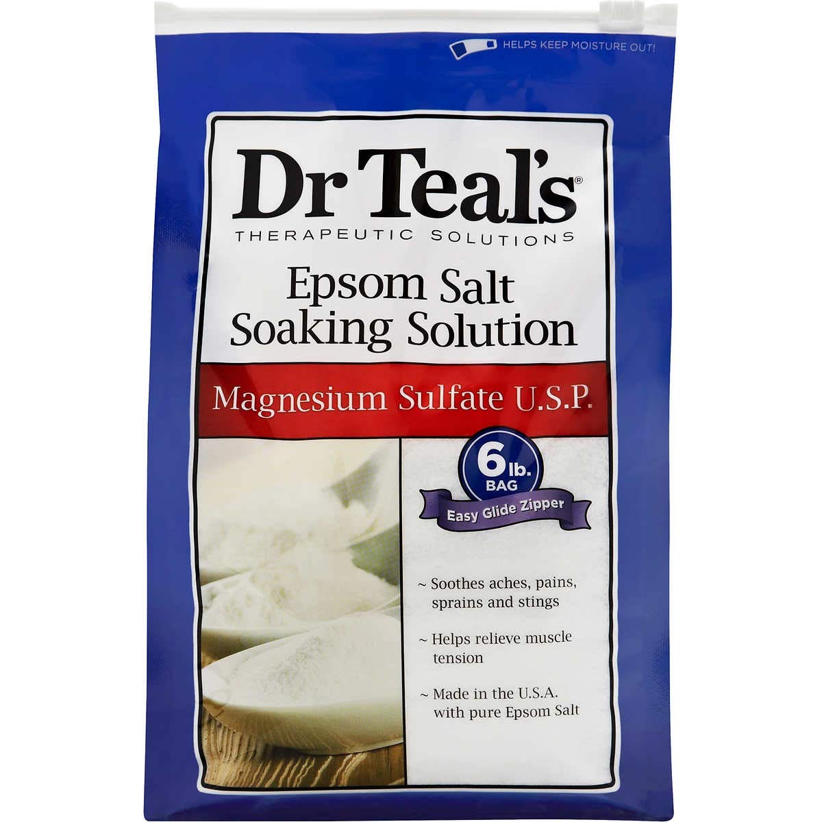 Sels d'Epsom Dr Teal's sans parfum dans deux sacs refermables pour bain relaxant et soin musculaire.