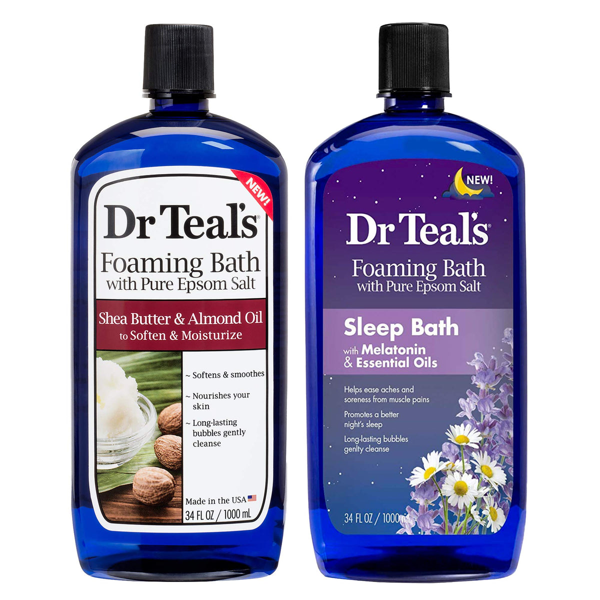 Dr Teal's Shea Butter and Almond Oil foaming bath bottle for moisturized skin after bath.