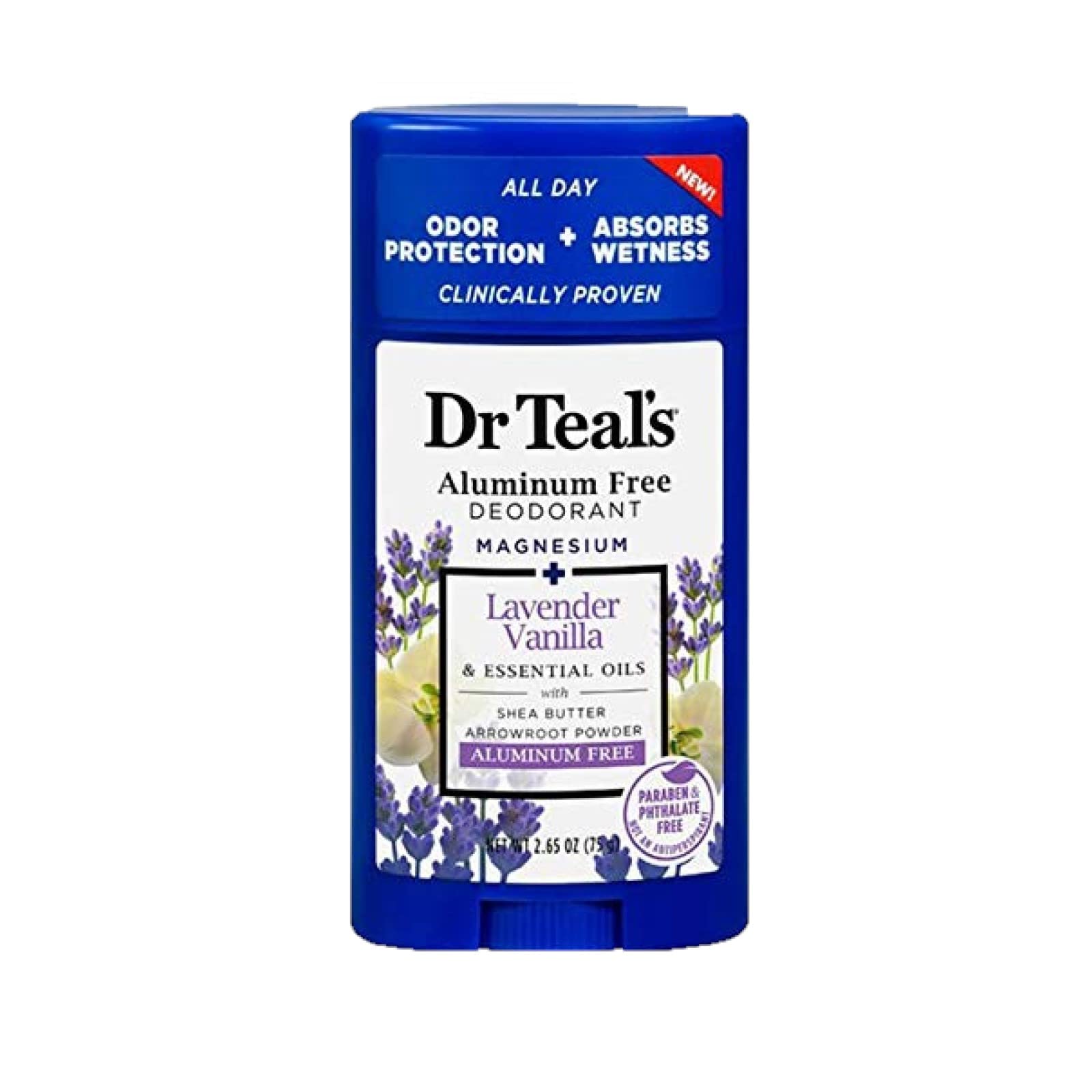 Texture légère Dr Teals Déodorant Vanille Lavande, absorption efficace et parfum durable.