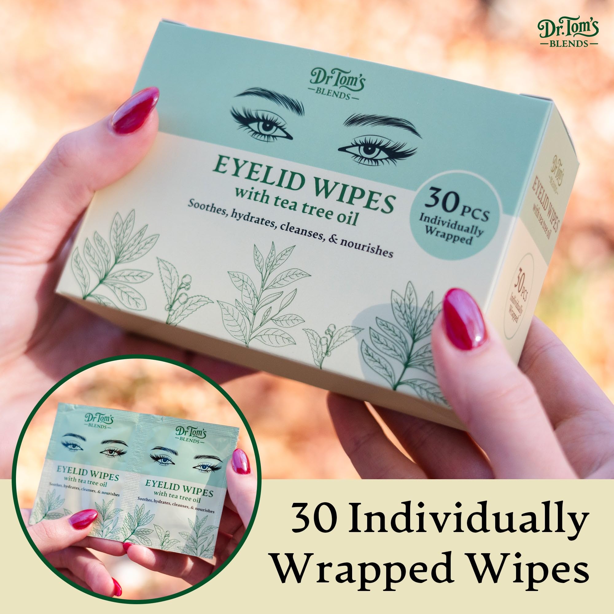 Lingettes Dr. Tom's Blends soin quotidien pour yeux, nettoyant léger et efficace.
