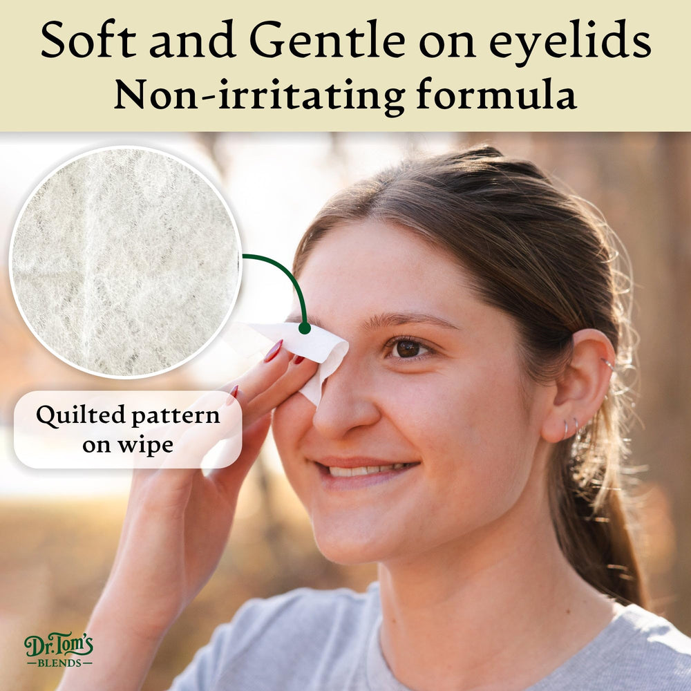 Dr. Tom's Blends lingettes voyage, hygiène oculaire pratique en déplacement.