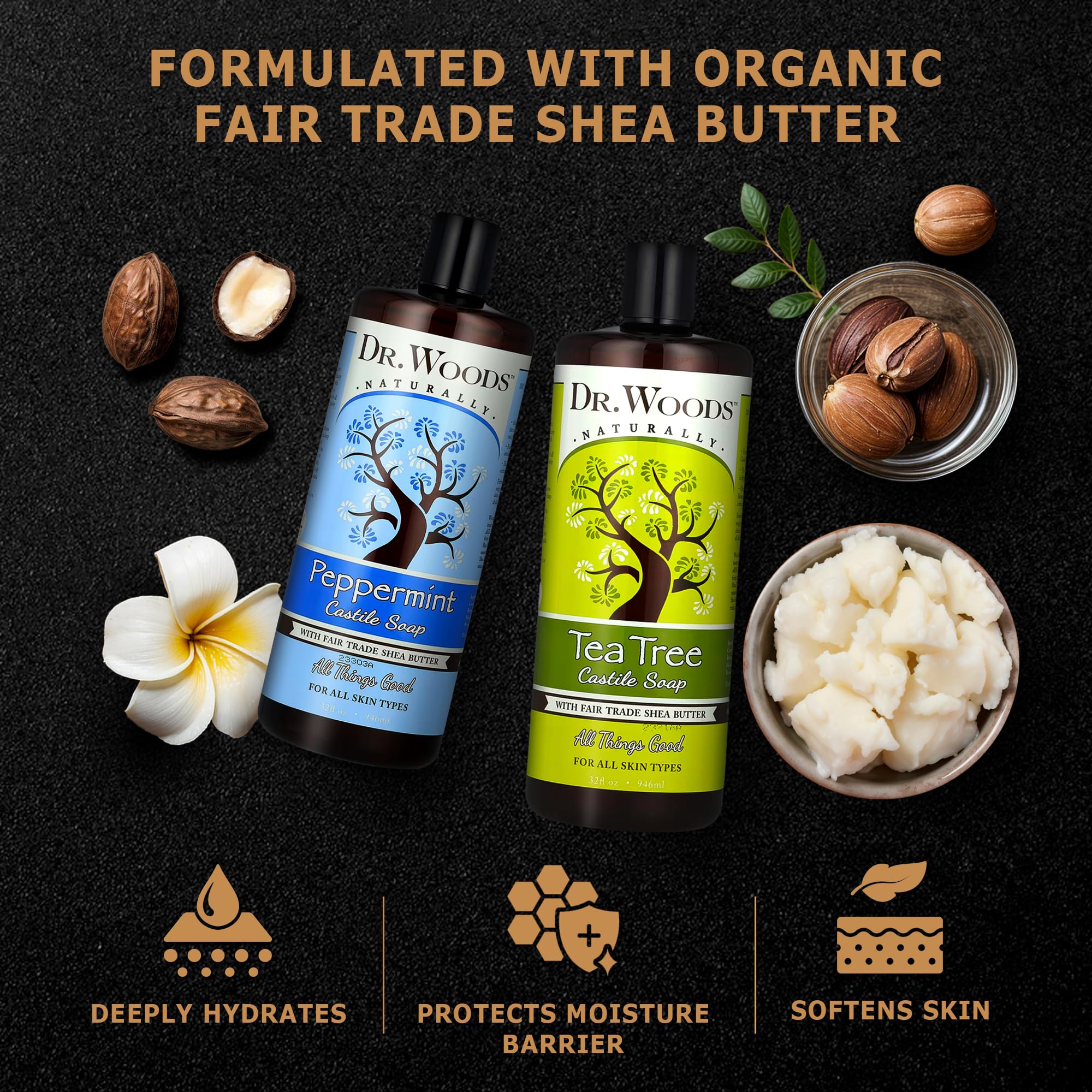 Dr. Woods huiles menthe et arbre à thé, parfum frais et revitalisant pour la douche.
