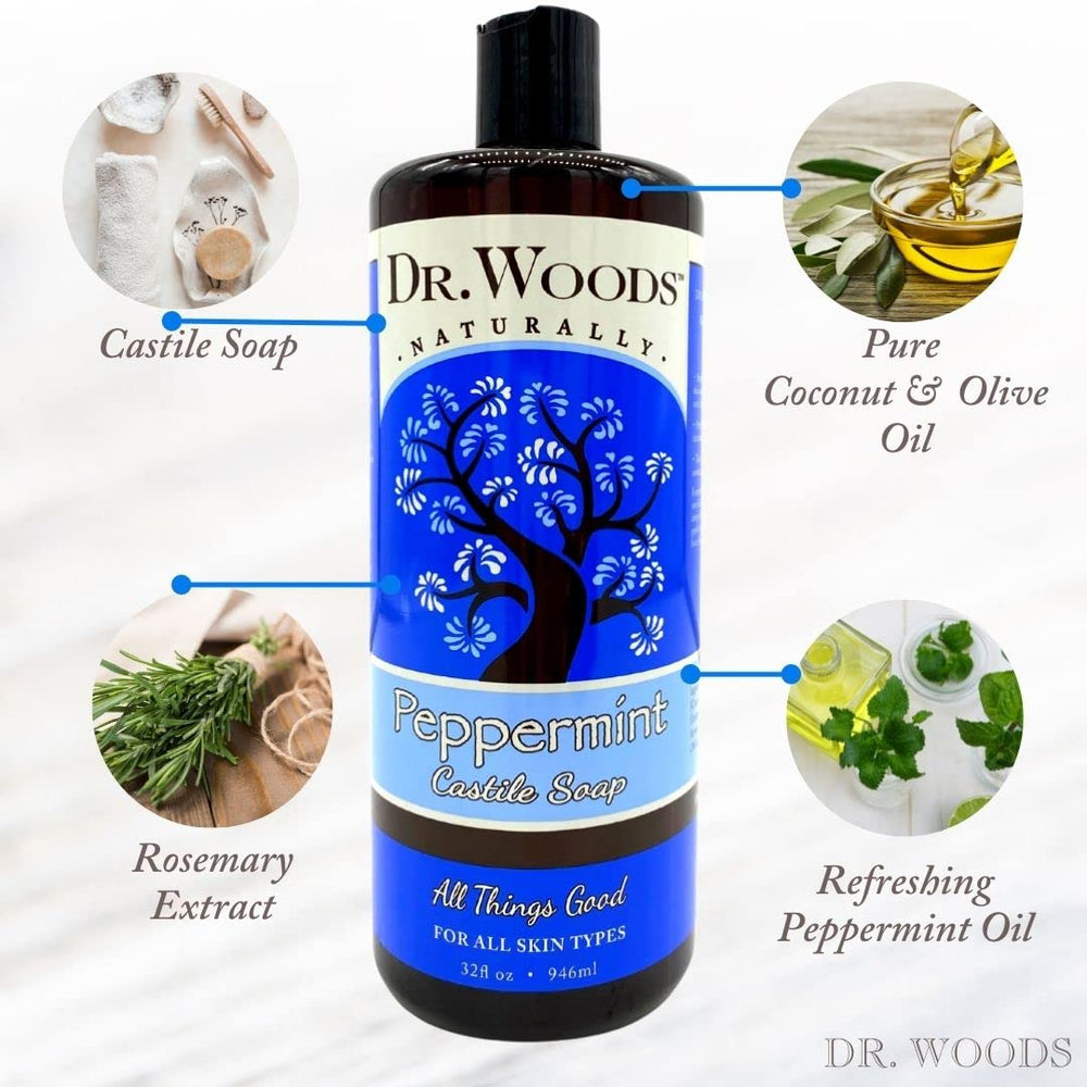 Mélange coco olive Dr. Woods, ingrédients nourrissants pour peau douce et hydratée.