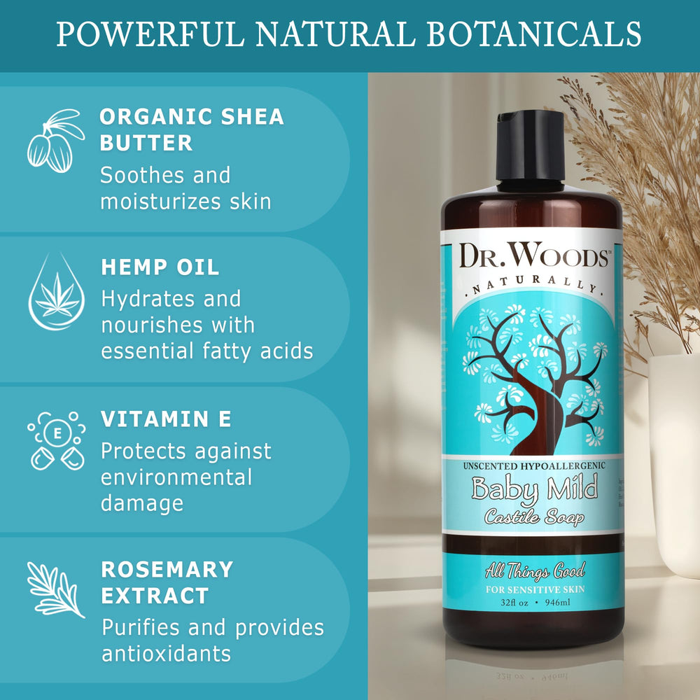 Ingrédients Dr. Woods huile d olive et huile de chanvre vitamine E romarin.