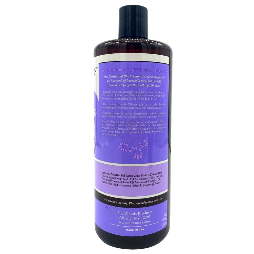Dr. Woods mousse épaisse lavande, texture riche idéale avec gant ou éponge.