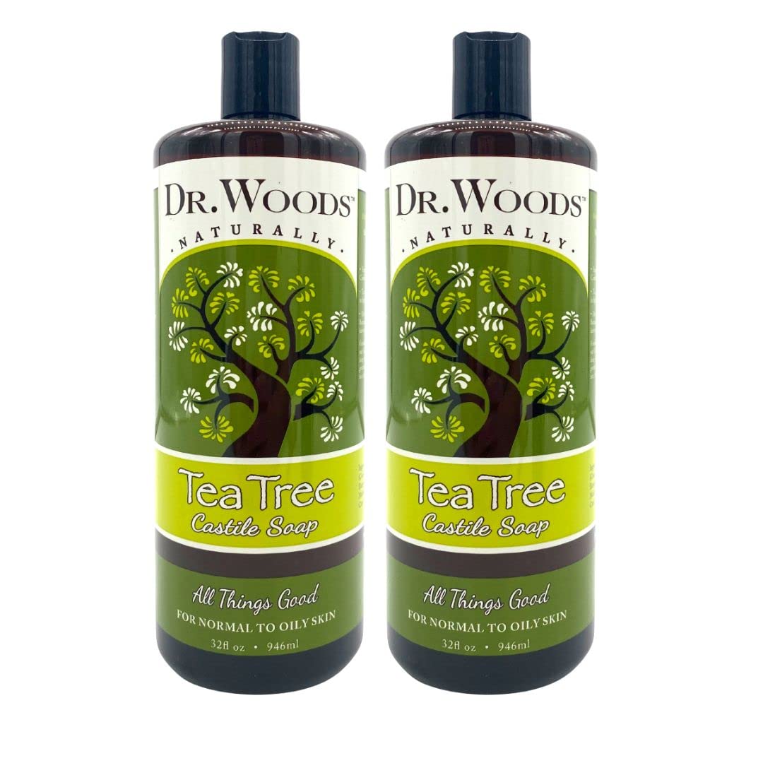 Dr. Woods Savon Castile à l'arbre à thé—bouteille idéale pour nettoyer peau et mains.