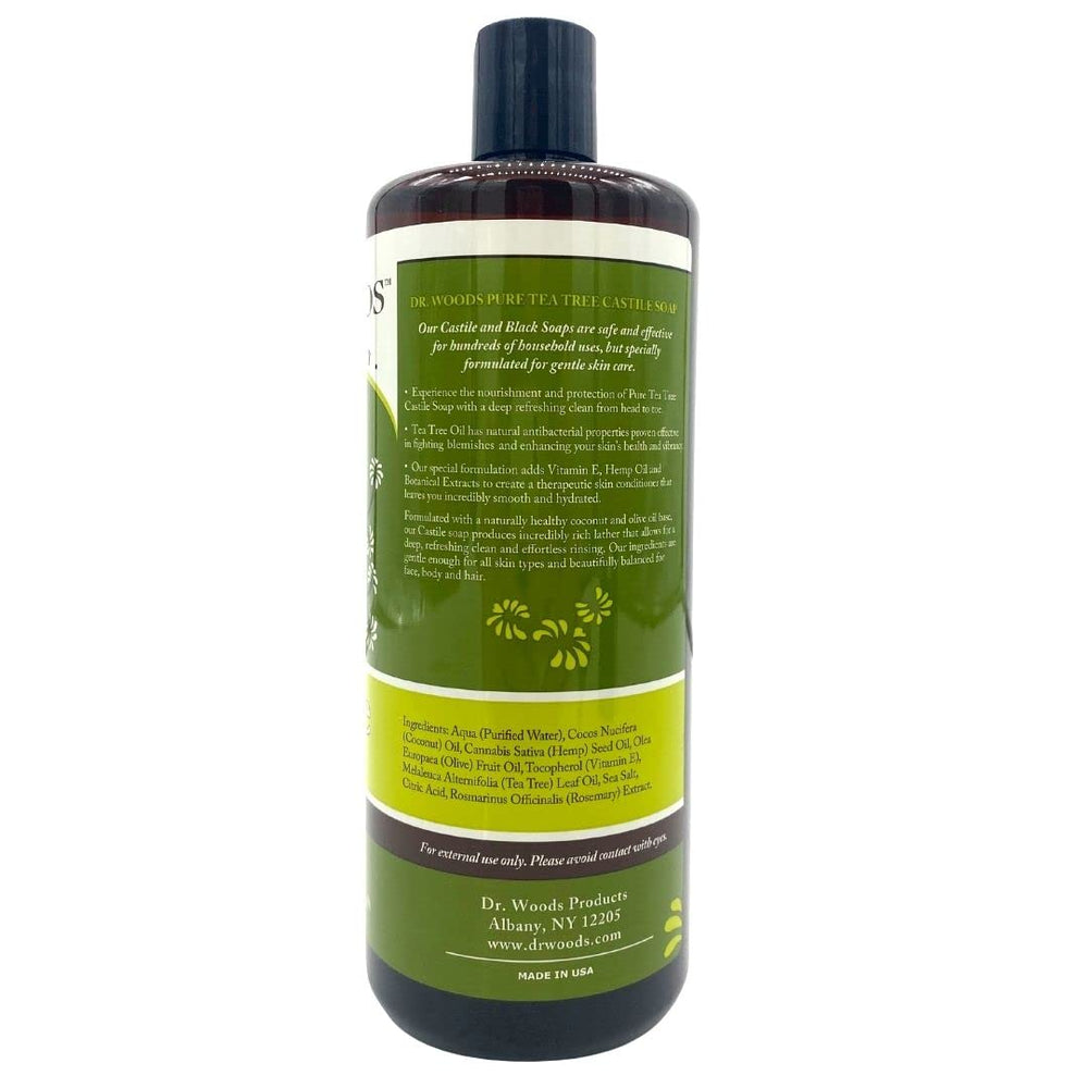 Dr. Woods Savon Castile à l'arbre à thé—mousse généreuse pour lavage doux.