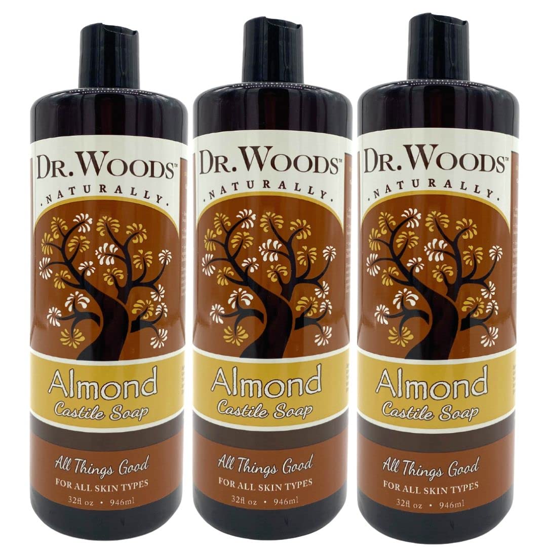 Dr. Woods Savon Castille amande : bouteille ouverte, nettoyage doux et naturel.
