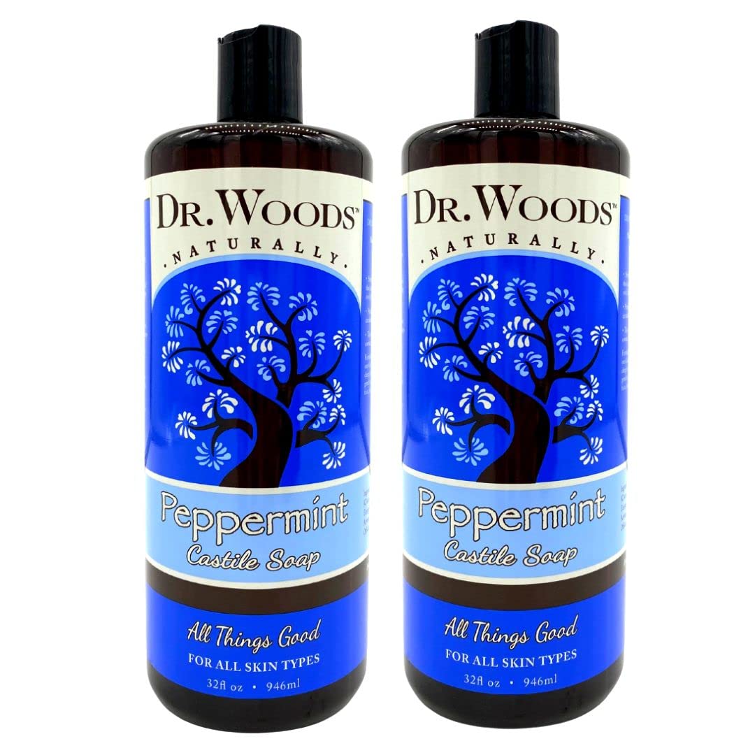 Dr. Woods savon castille menthe en bouteille, mousse riche pour douche rafraîchissante et équilibrée.
