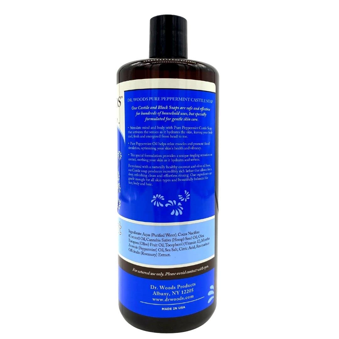 Savon castille menthe Dr. Woods, mousse dense pour lavage en profondeur.