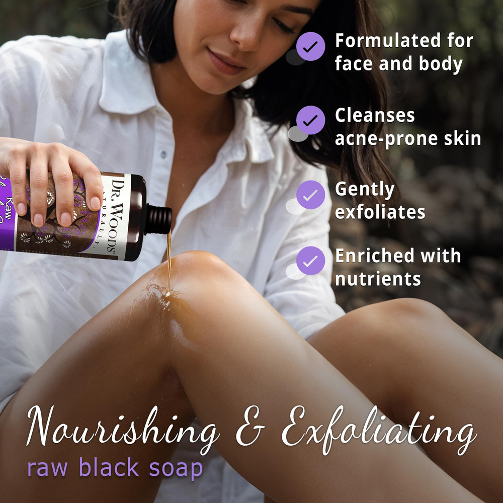 Savon noir Dr. Woods mousse douce, nettoyage doux du visage et des mains.