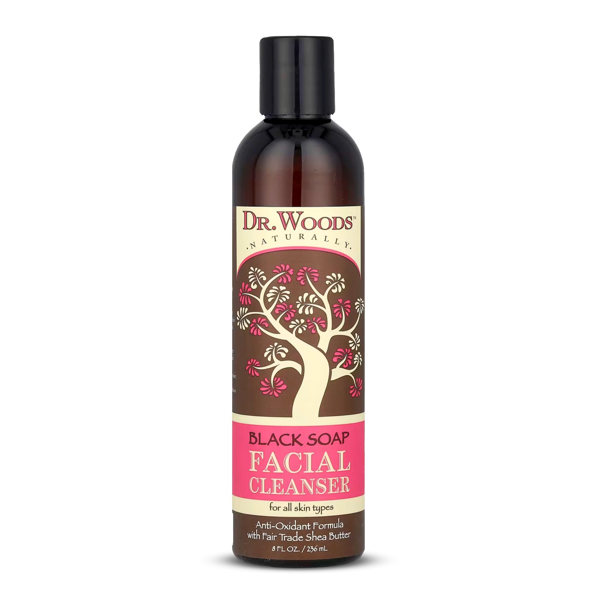 Dr. Woods Savon Noir Visage – bouteille, nettoie en douceur et hydrate.