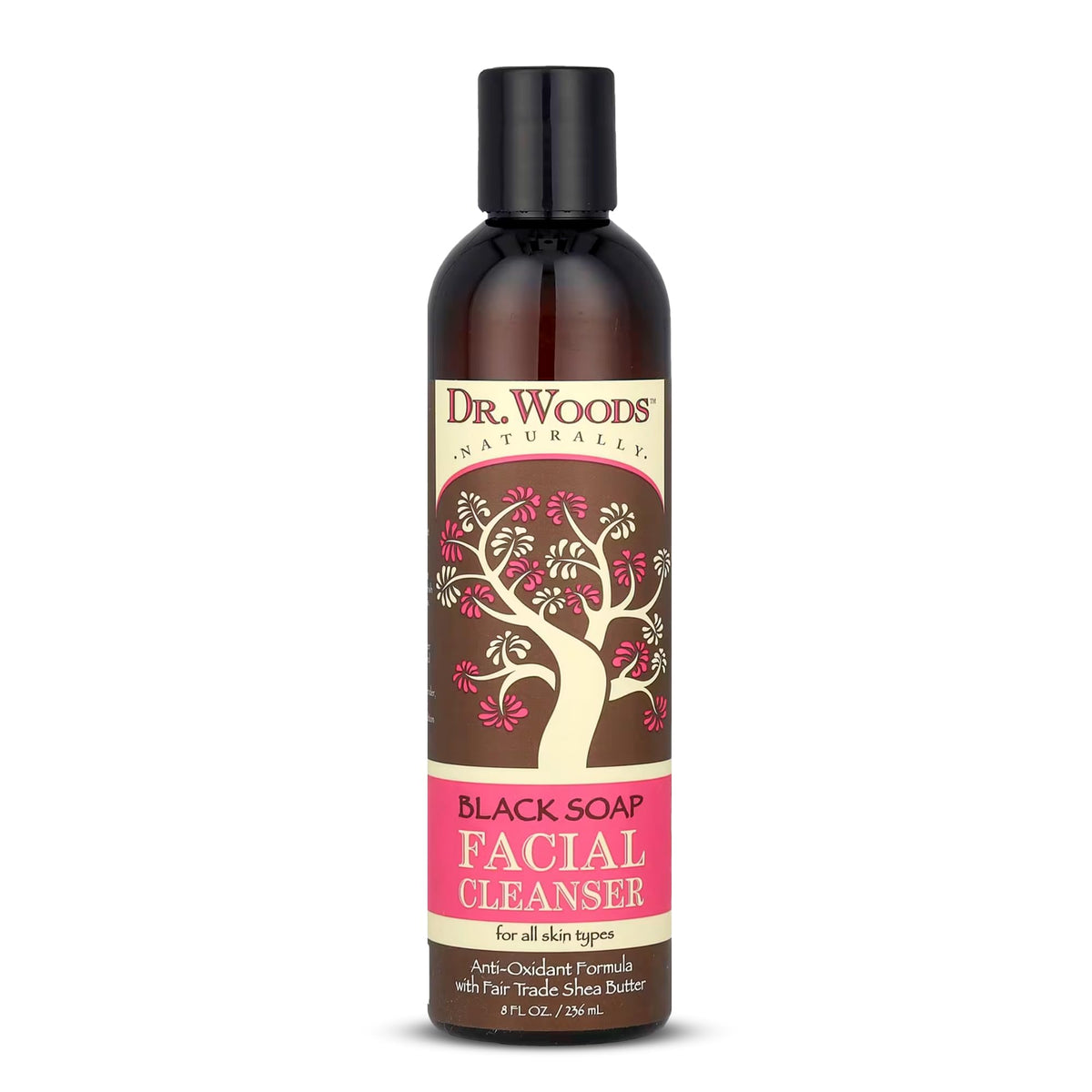 Dr. Woods Savon Noir Visage – bouteille, nettoie en douceur et hydrate.