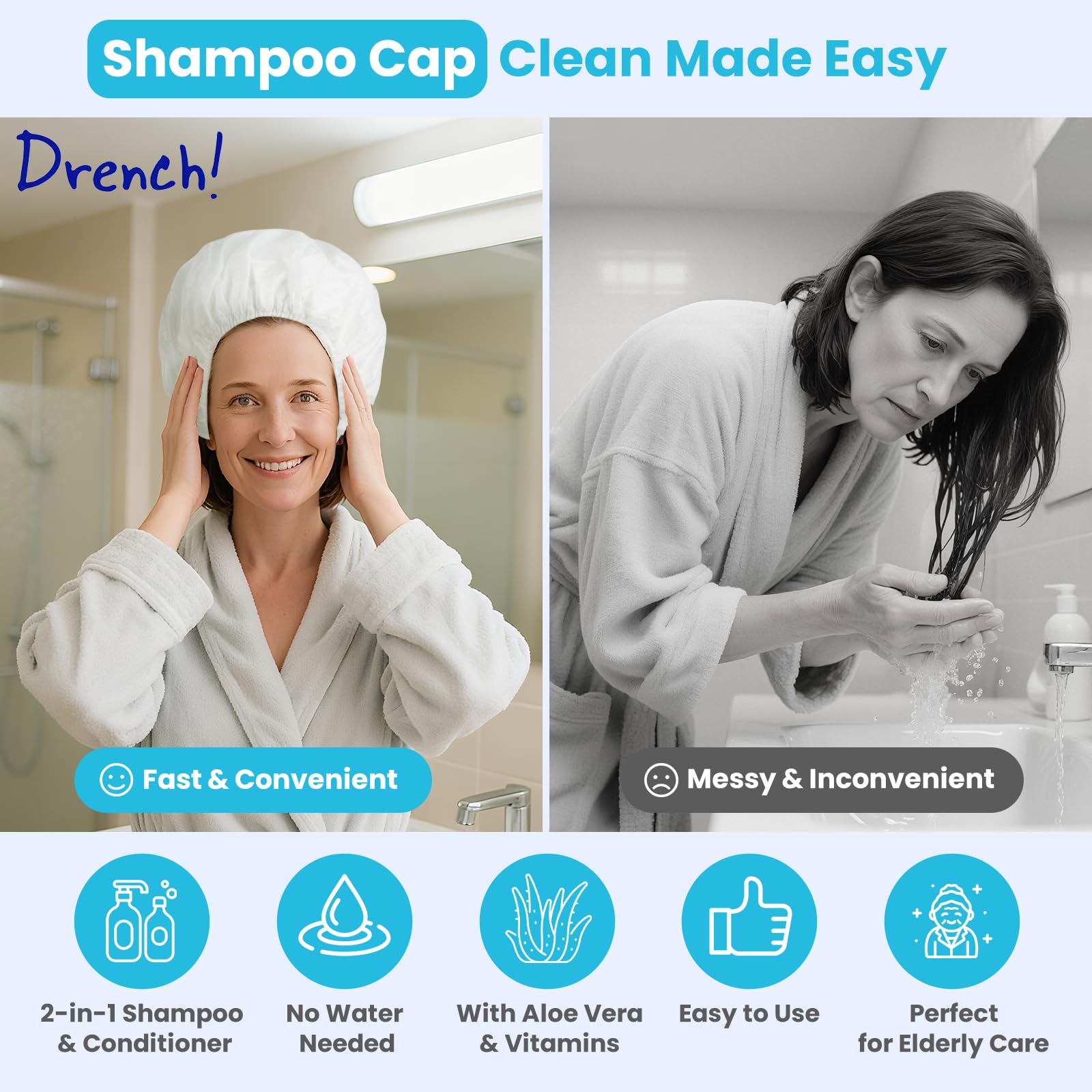 Drench! Medical cap-shampoing Aloe Vera pour cheveux frais et propres.