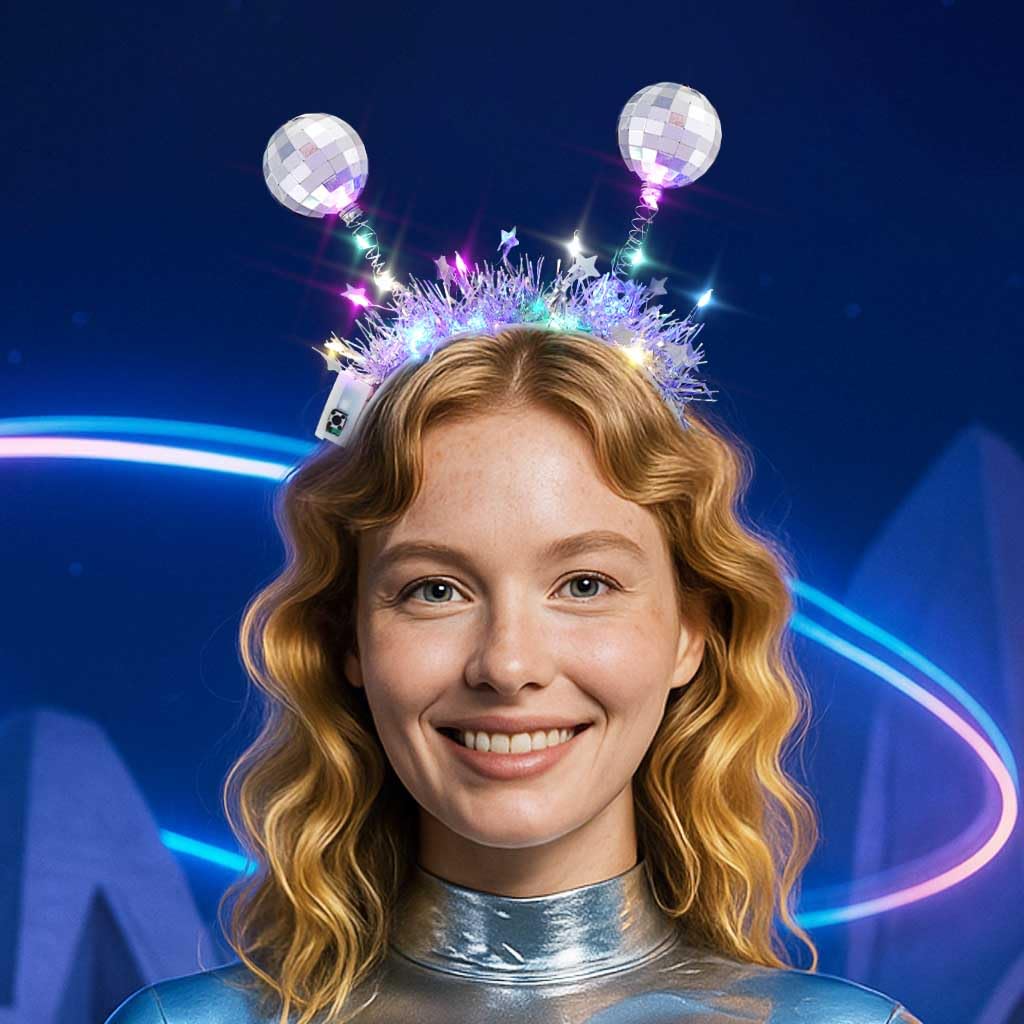 DRESBE serre-tête LED boule disco argent, idéal pour fêtes et ambiance festive.