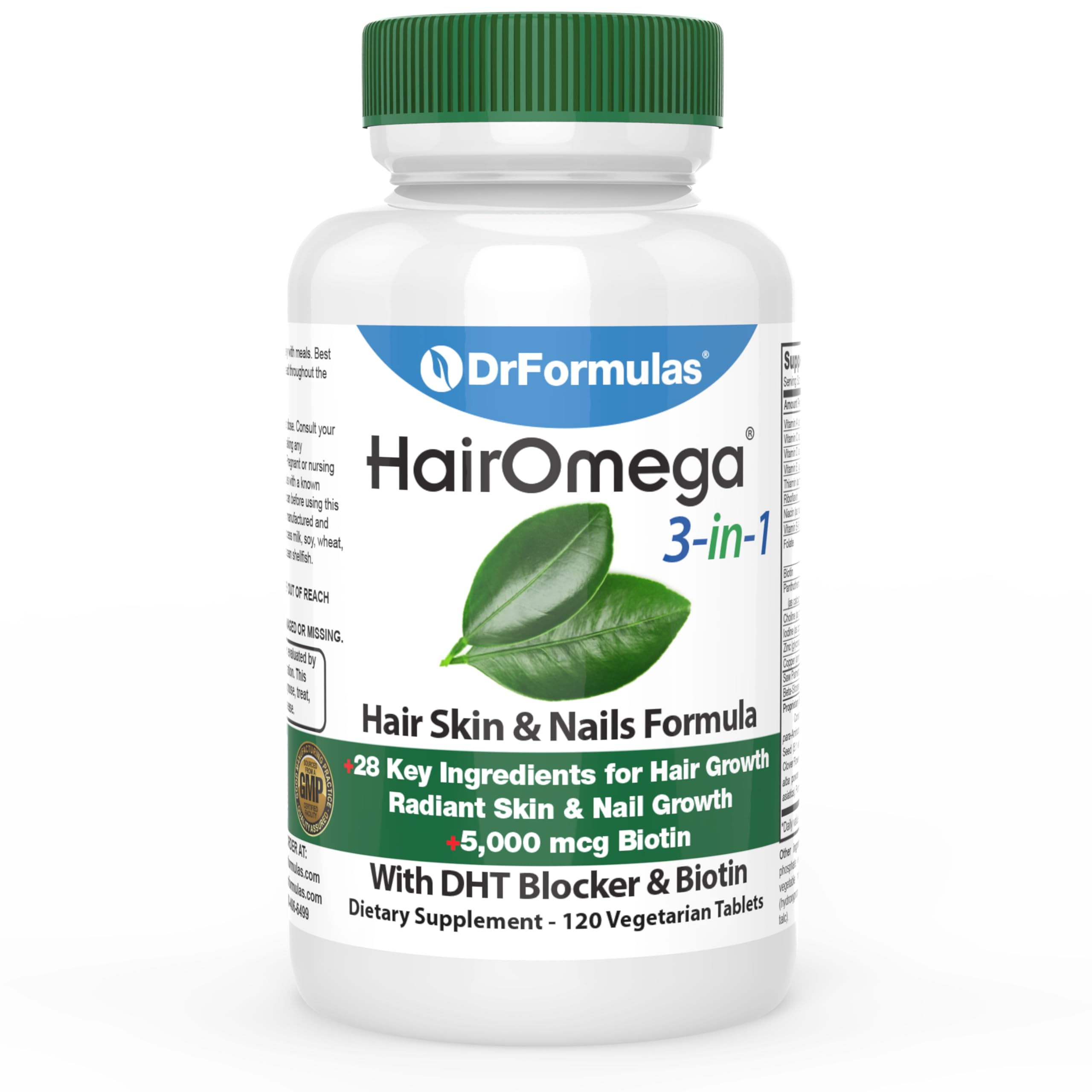 DrFormulas HairOmega – bouteille-pilules, soutien pratique de la croissance capillaire.