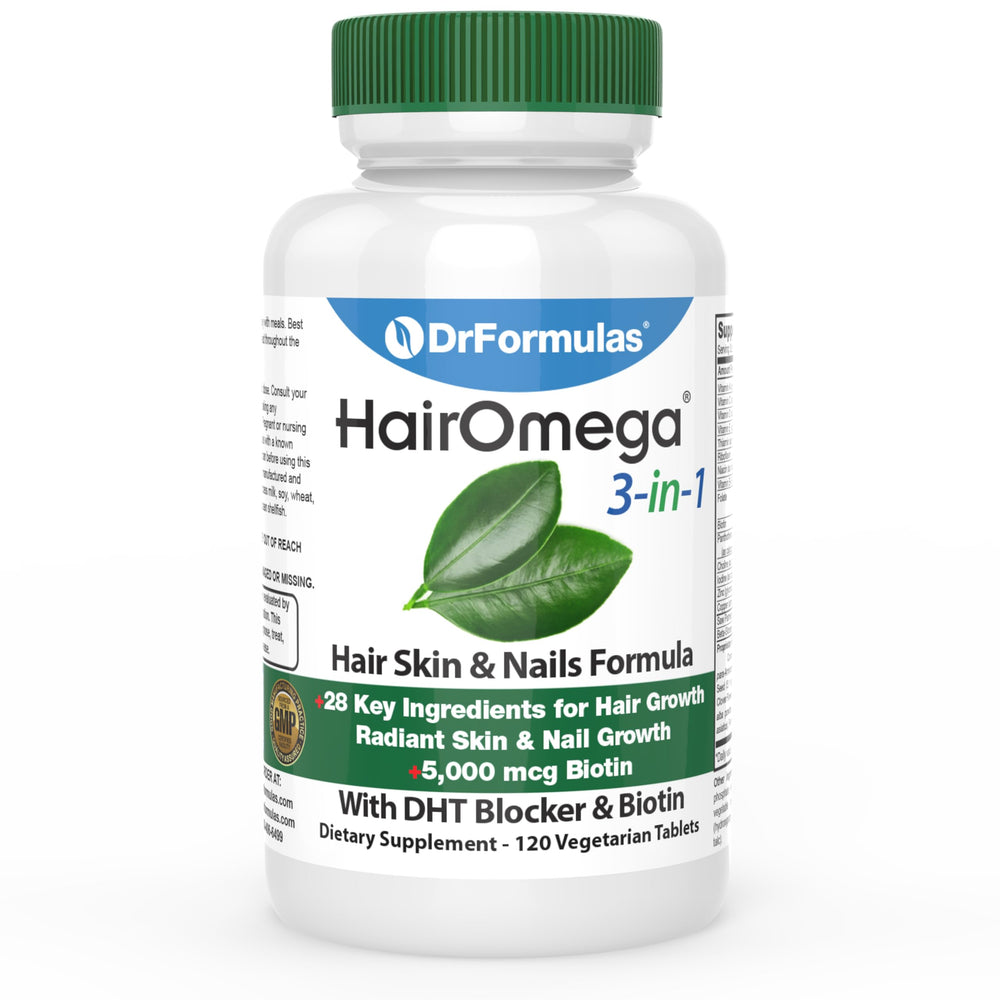 DrFormulas HairOmega – bouteille-pilules, soutien pratique de la croissance capillaire.