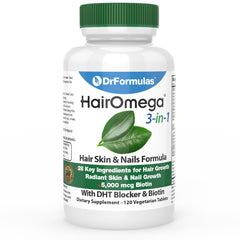 DrFormulas HairOmega – bouteille-pilules, soutien pratique de la croissance capillaire.