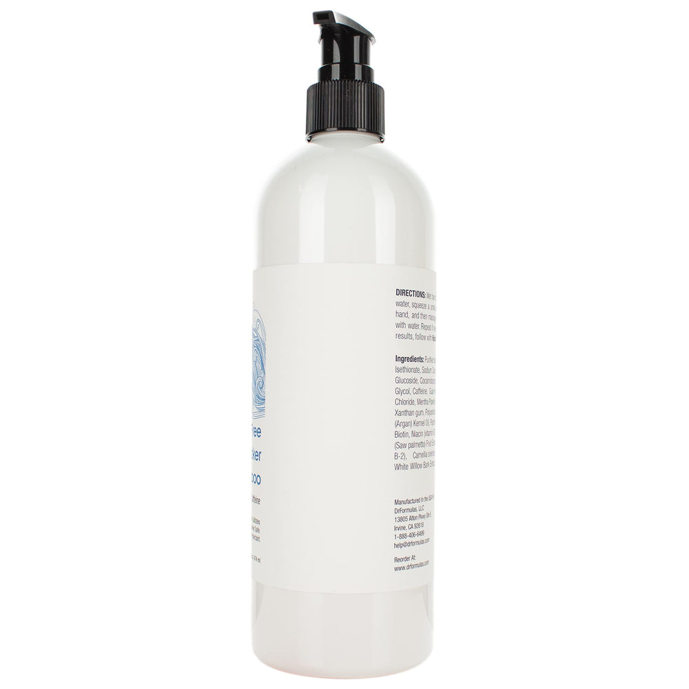 DrFormulas HairOmega DHT Blocker Shampoing — étiquette ingrédients, caféine et biotine pour cheveux sains.