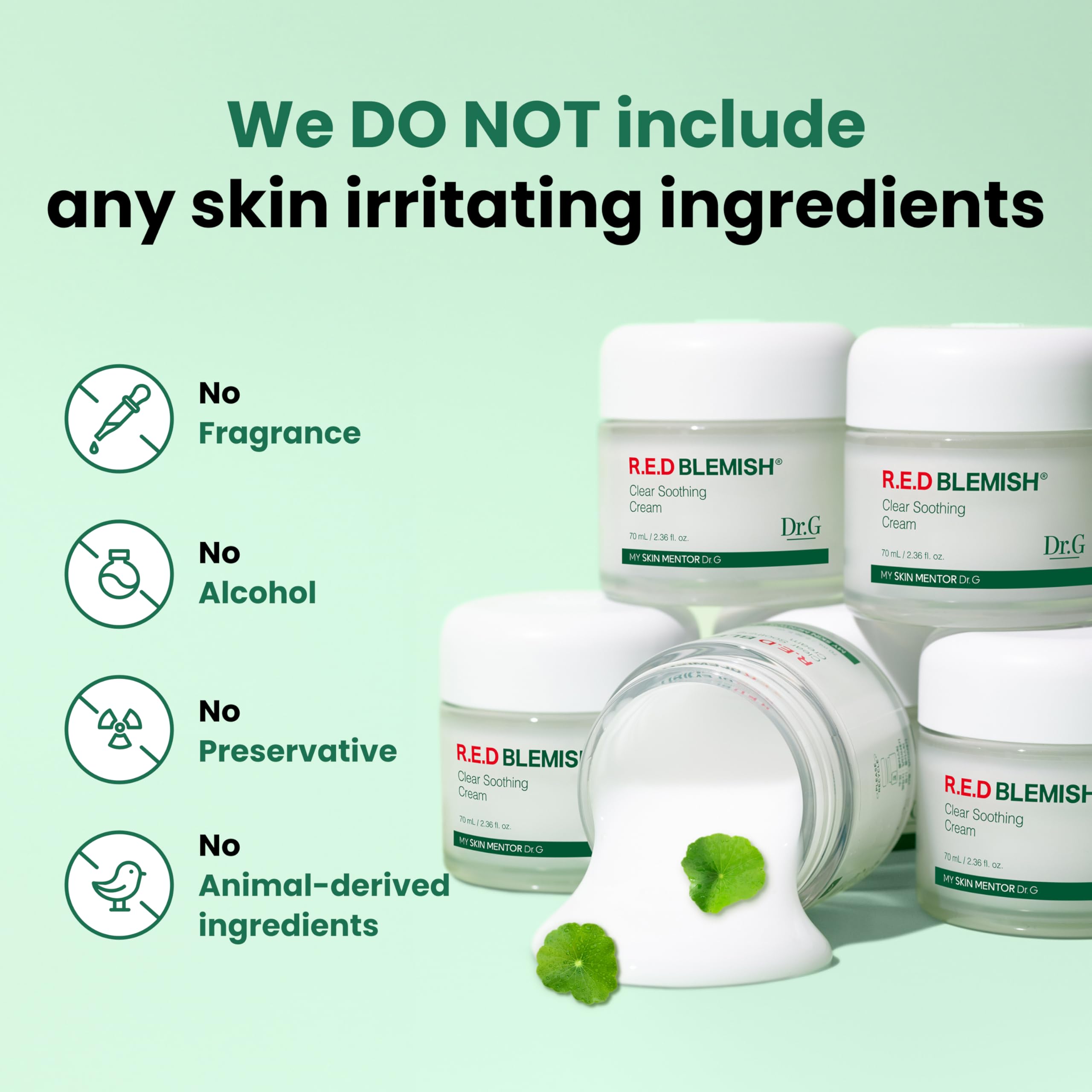 10 ingrédients cica DrG pour calmer irritations et confort cutané.
