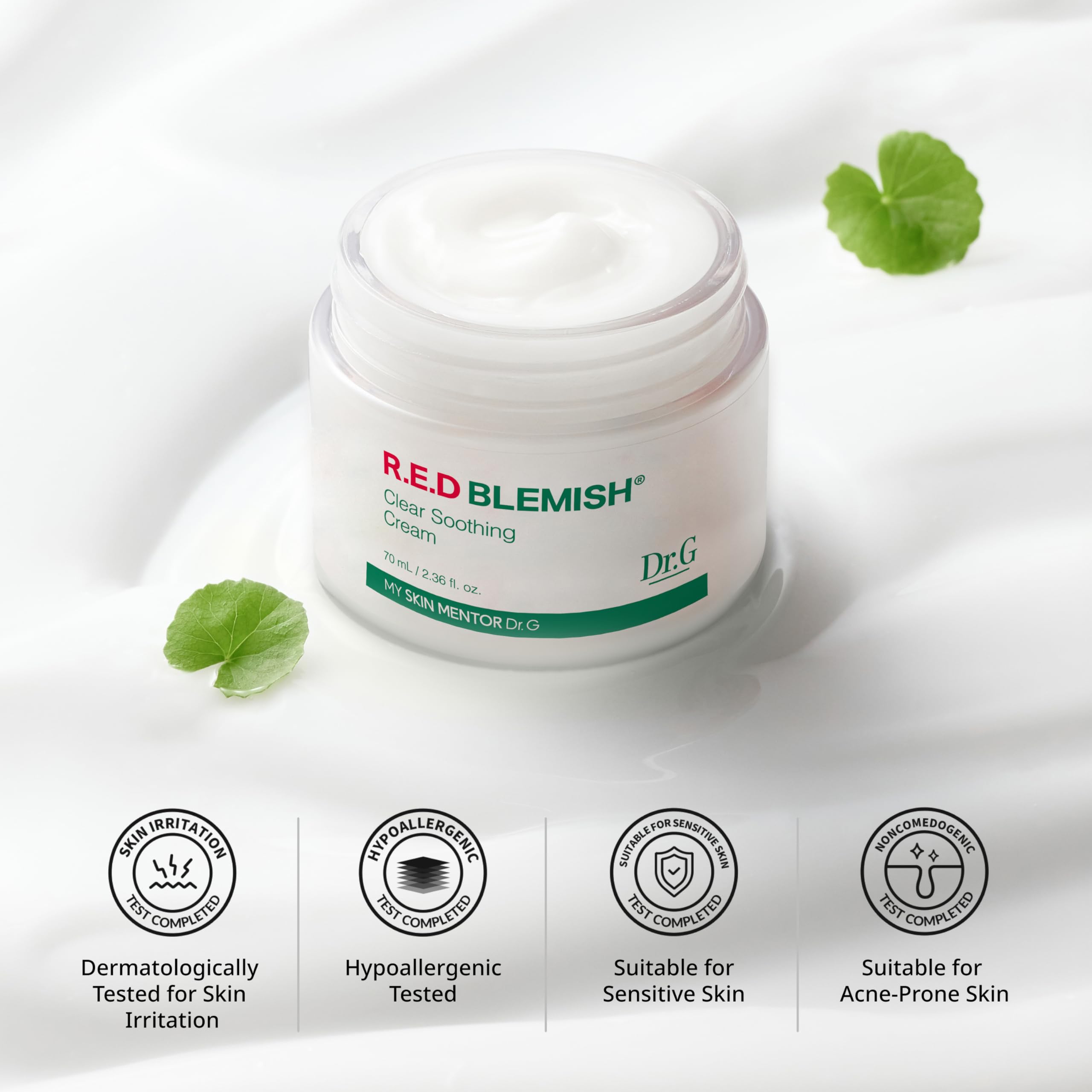 Utilisation quotidienne avec routine visage DrG, soin hydratant et apaisant.