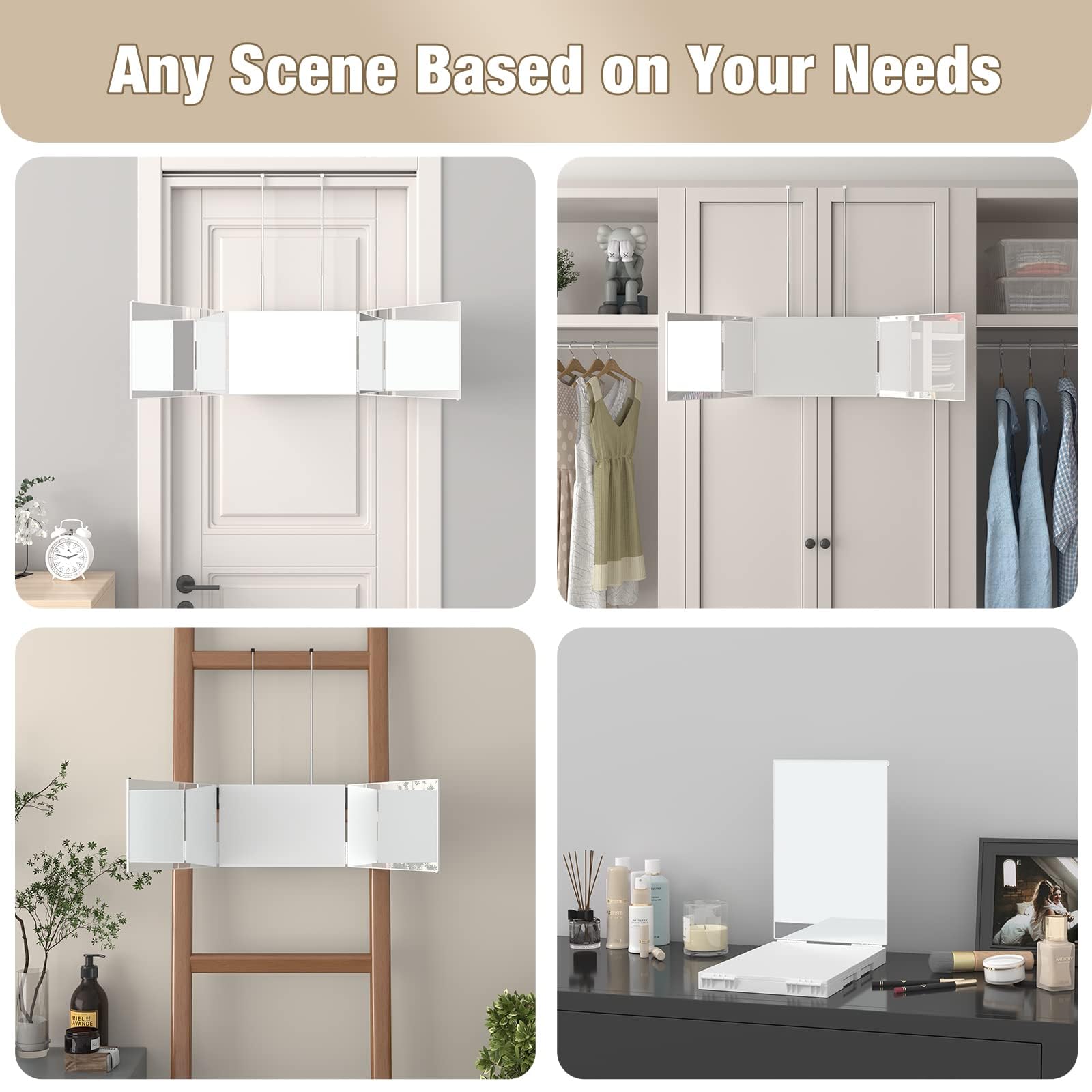 Miroir Dripex offrant trois façons d’utilisation sur porte, mur ou bureau.