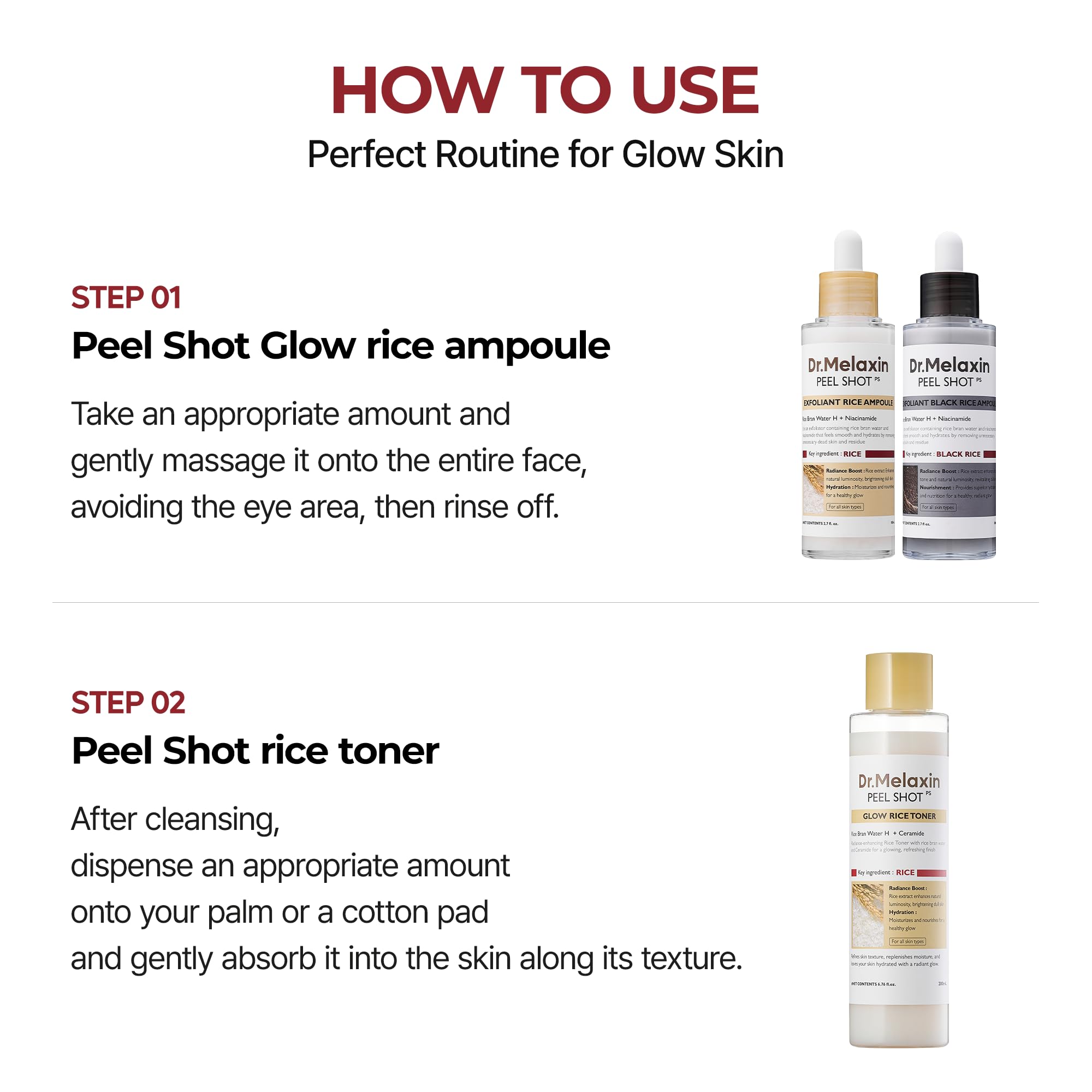 Dr.Melaxin tonique riz application douce prépare la peau.