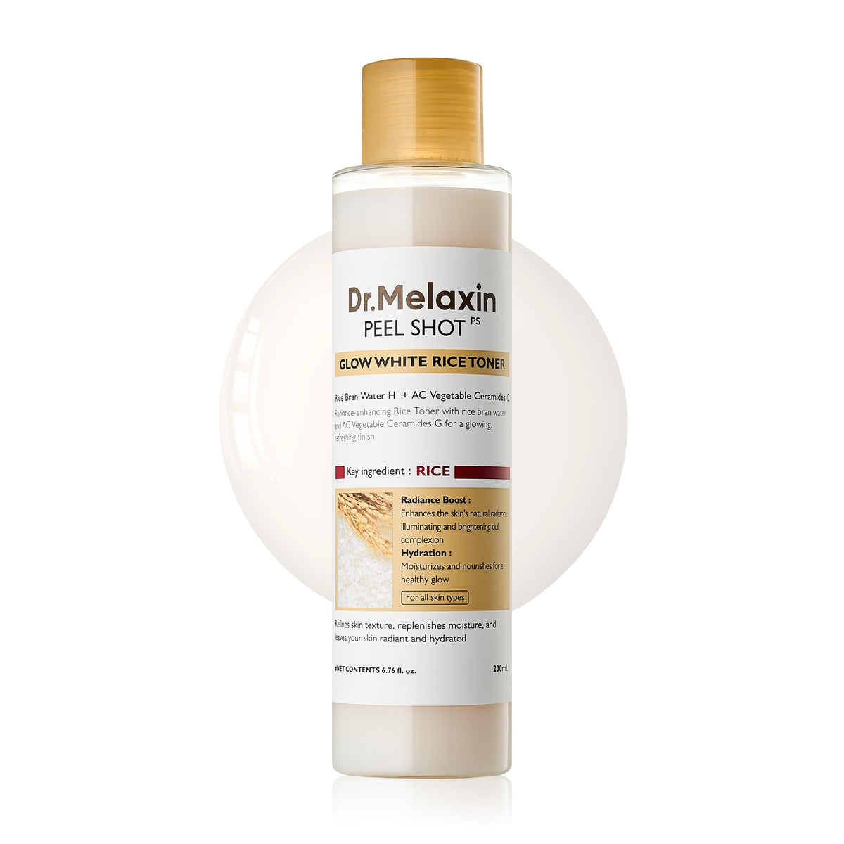 Dr.Melaxin tonique riz éclat en bouteille pour hydrater durablement la peau.